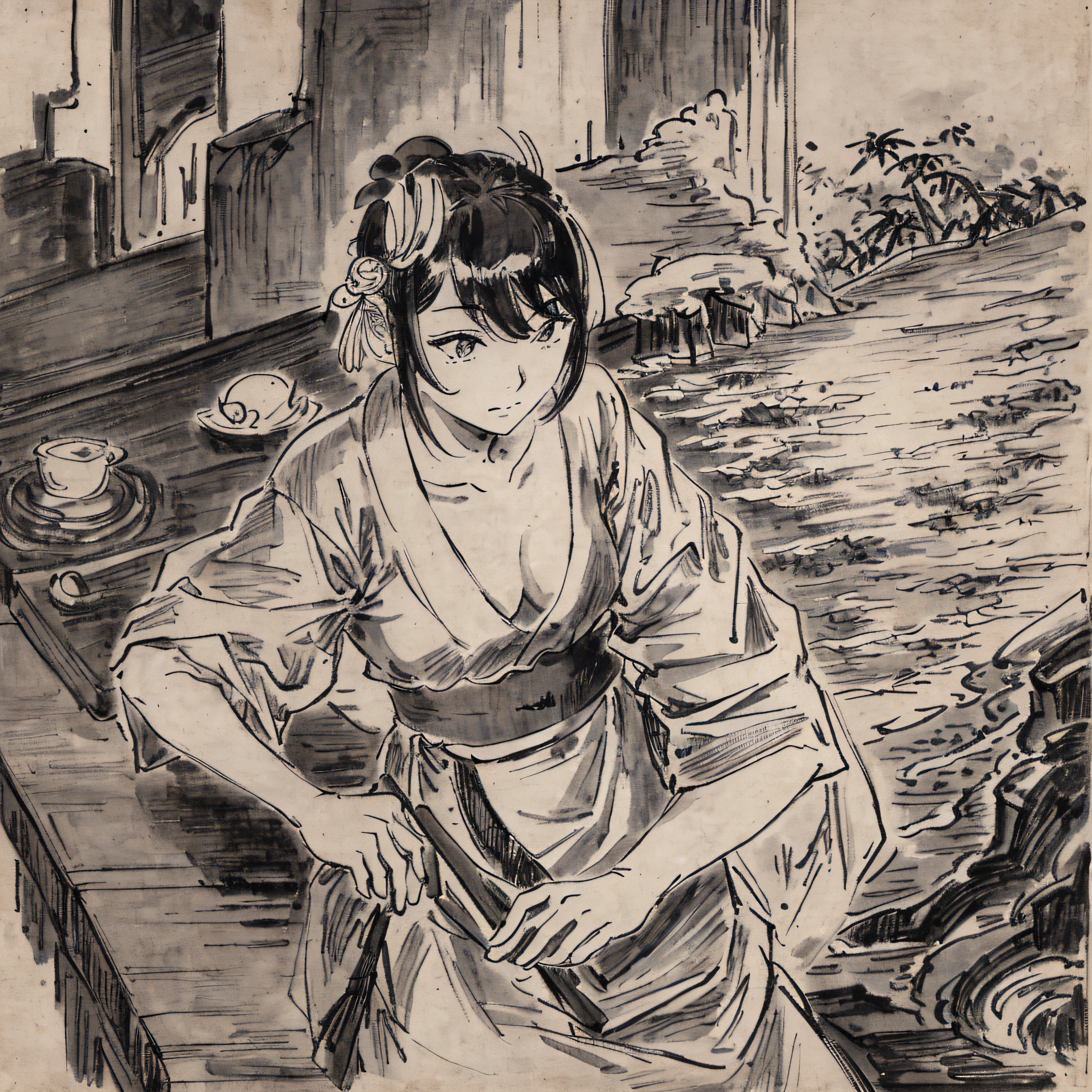Highest image quality、8K、Draw even the texture of Japanese paper、Black and white woodblock prints in ink。In the early Showa era, she was about 30 years old and a self-respecting woman in a kimono and kappo kimono.。Cooking in an old kitchen。You can also see the bamboo pole。
