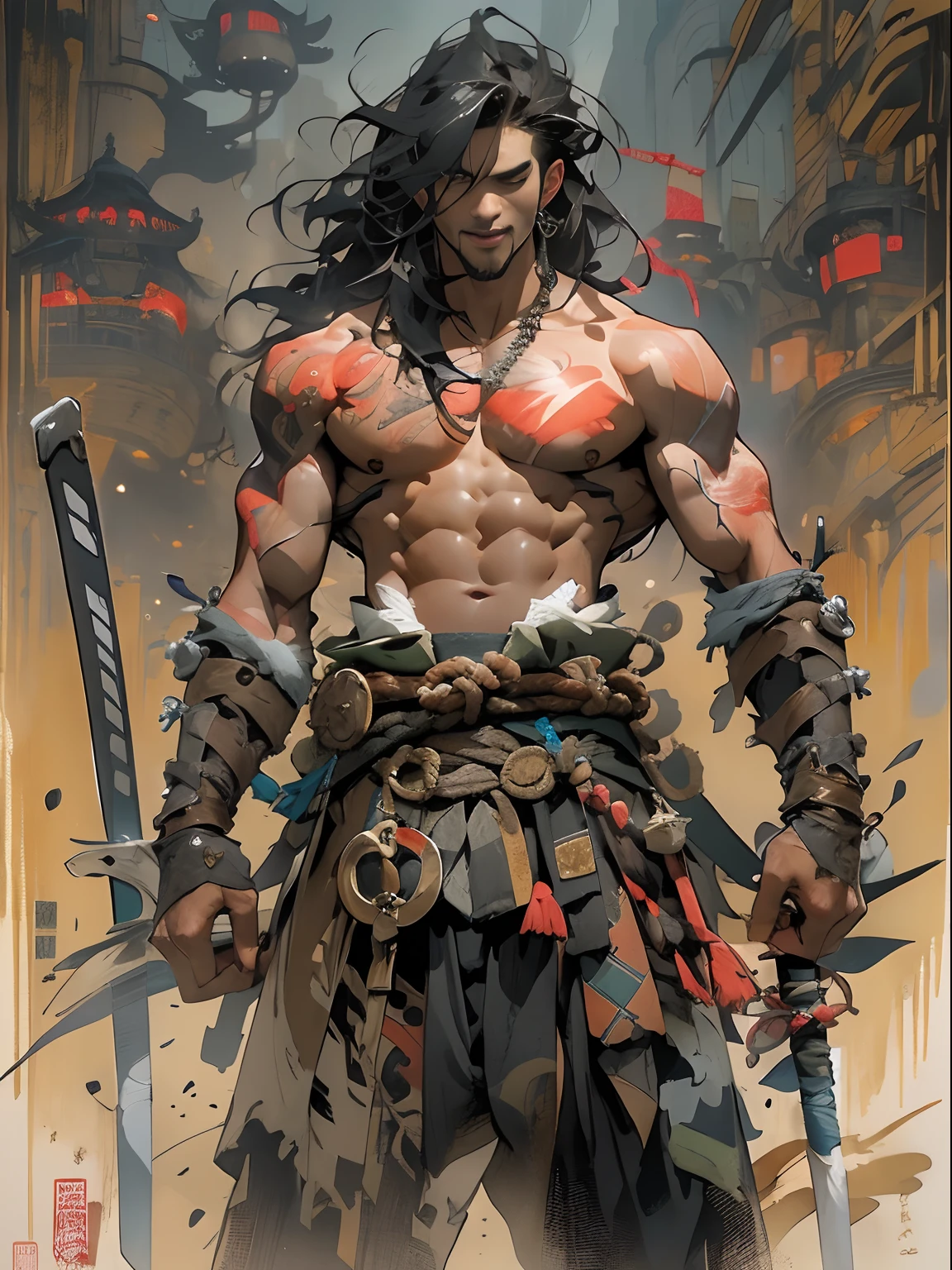 (((mtu))), (((best qualityer))), (((tmasterpiece))), (((AS-Adult))), ((( Japanese ))), Look up from your knees, Handsome Asian samurai,perfect body figure, Modern samurai, ((( Asian))), Wear gloves on your hands,The left arm is made of steel and metal tips,Made of protective devices, The eyes are pulled, (( Appears below the chest )), (( Small dental floss )), Simon Bisley, Almost naked(Simon Bisley)Castle City Wilderness,For high-resolution posters, hair straight, Minimum clothing, armure (Crazy clothes ), Full of tips and rivets, tribal tattoos, (((full bodyesbian))), Straight brunette hair,Colored hair ends