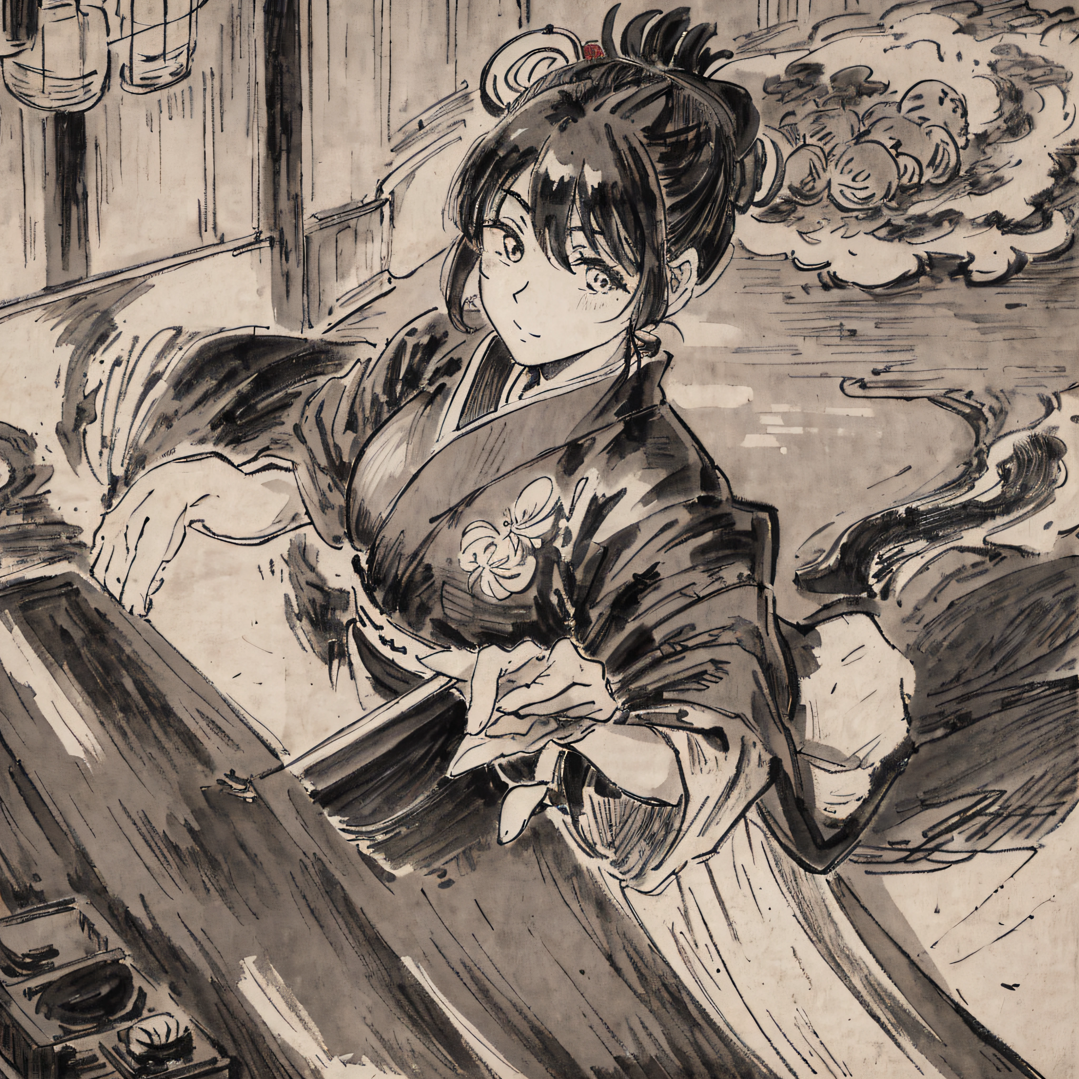 Highest image quality、8K、Draw even the texture of Japanese paper、Black and white woodblock prints in ink。In the early Showa era, she was about 30 years old and a self-respecting woman in a kimono and kappo kimono.。Cooking in an old kitchen。You can also see the bamboo pole。