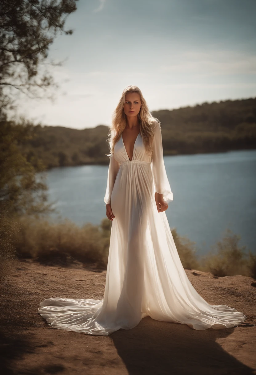 Sexy and gorgeous blonde woman with long hair and blue eyes wearing a long white silk dress nuds