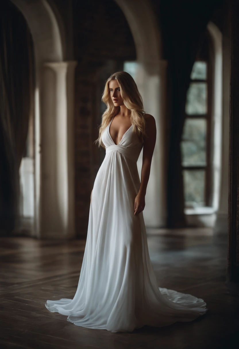 Sexy and gorgeous blonde woman with long hair and blue eyes wearing a long white silk dress nuds