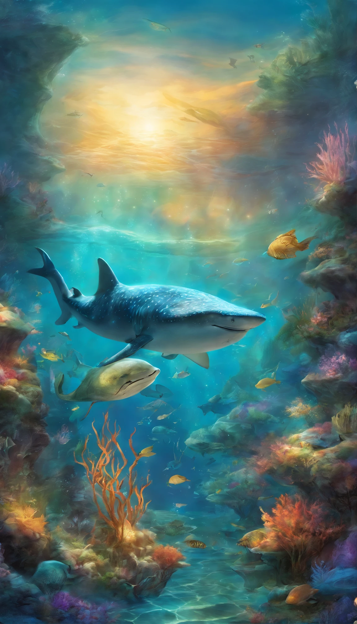 sci-fy, ocean floor,Bio-luminescence, maincoon,whale shark、Turtlen、Spotted seals、Rare marine species such as white dolphins,and seagrass, coral, seaweed