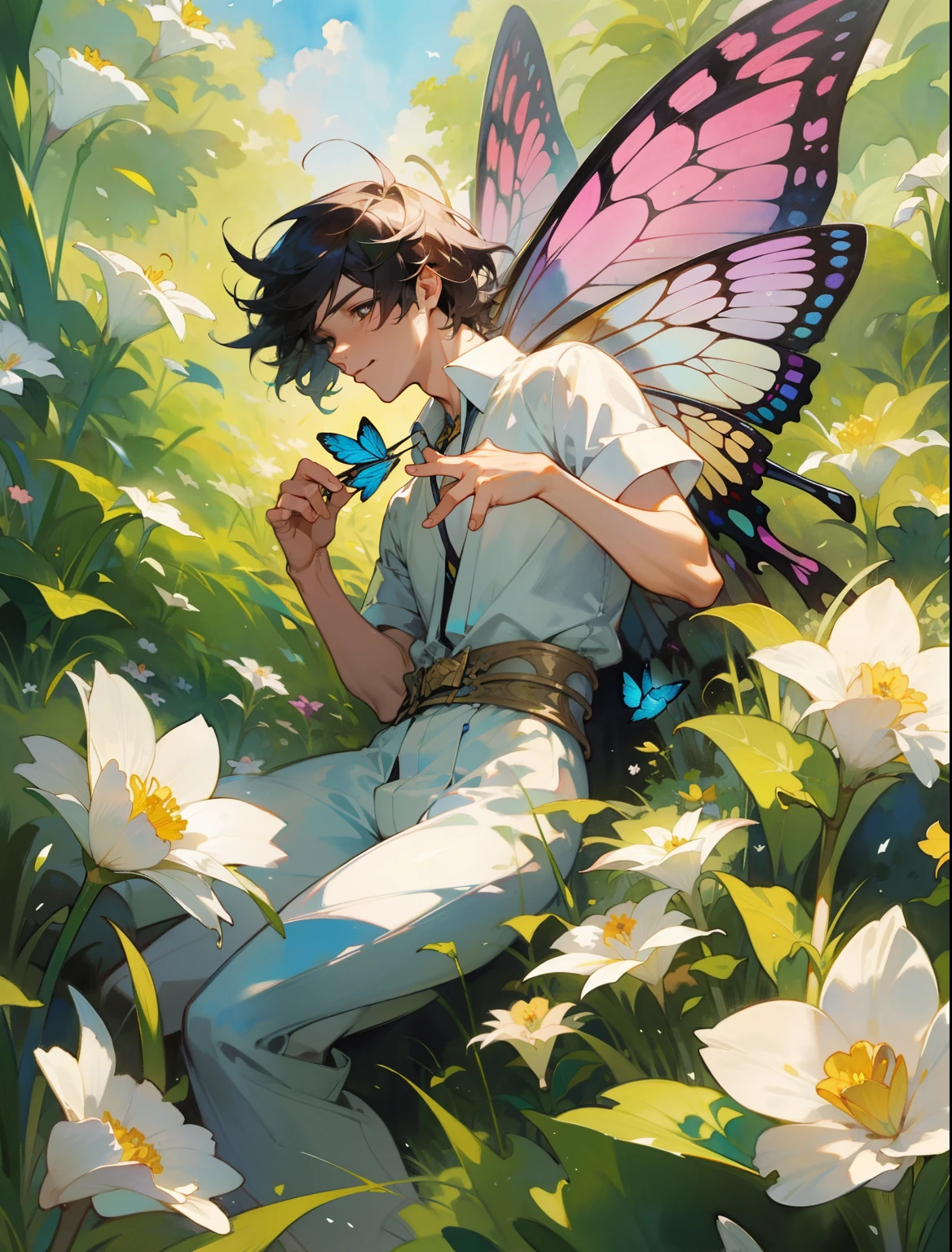 watercolor, handsome male gladiolus fairy, with delicate butterfly wings, full body, flying, gladiolus flowers, watercolor art, hires, detailed,