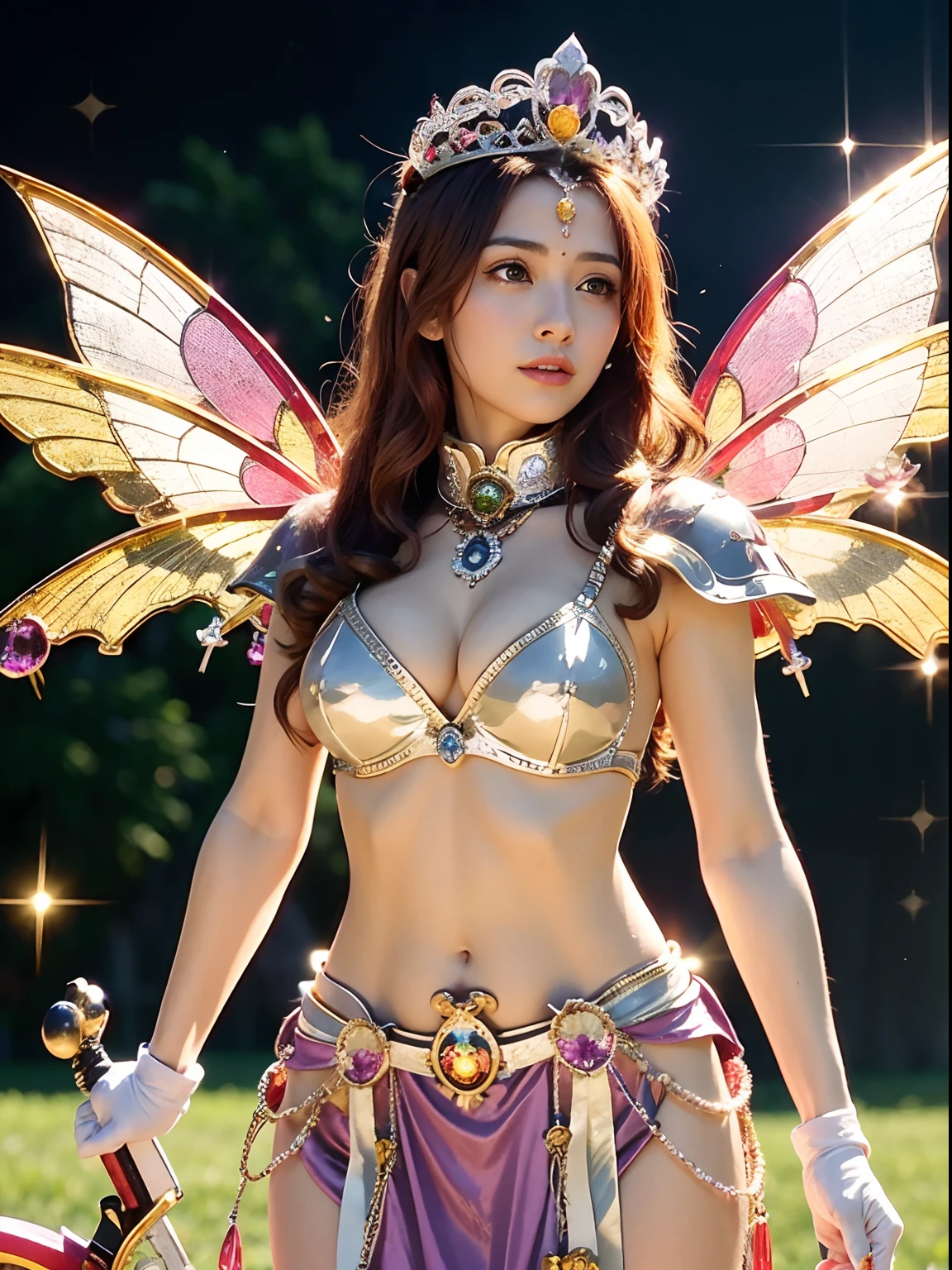 (A smile), Professional , masterpiece、top-quality、photos realistic , depth of fields (Gemstone White Metal Body:1.9),(Matte White Pink、Jewel Gold Weapon、(Gorgeous castle background)、(ultimate beauty girl)、(Rainbow fairy wings grow)、Particles of light、(Metal body of iridescent gemstones:1.9),Gorgeous Jewel Metal Weapons ,(maikurobikini)、 Detailed Sword of the Brave ,( Pink hair) ,warhammer 40k , adepta sororitas,Detail and ornate jewel crown、独奏、Brown hair、Mystical expression、cleavage of the breast、(Gangle's forest background)、Beautiful Caucasian beauty、1a person、dynamic ungle,(((Diamond tiara with detail and luxury)))、a small face、Powerful poses、(Gorgeous castle background)、huge filesize、A teenage girl、Stand in the center of the screen、Thin female fingers、Straight long hair、Beautiful Caucasian beauty、(maikurobikini)、Hair fluttering in the wind、Look at viewers、(Armpit)、Toostock、
