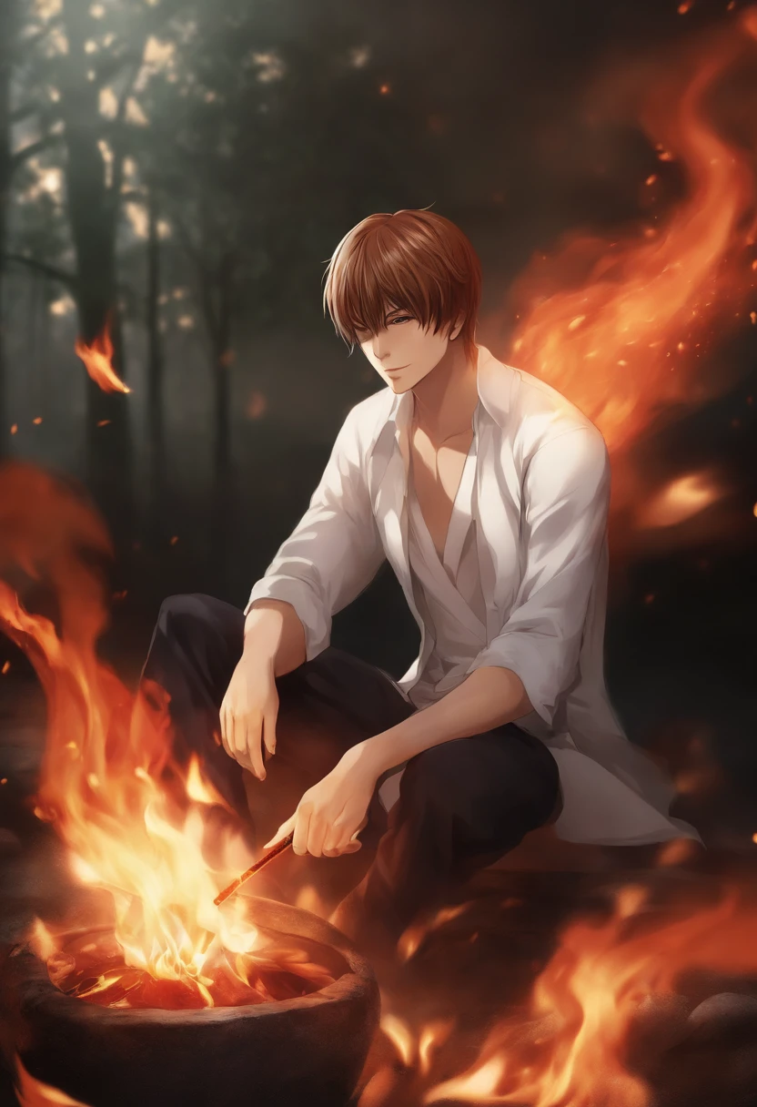 anime character with a cigarette in his hand on a fire, yagami light, light yagami, fire!! full body, okita sougo, katekyo hitman reborn, fire behind him, red smoke follows his movement, baki style, flame conjuring, inspired by Sadamichi Hirasawa, death note style, sougo okita