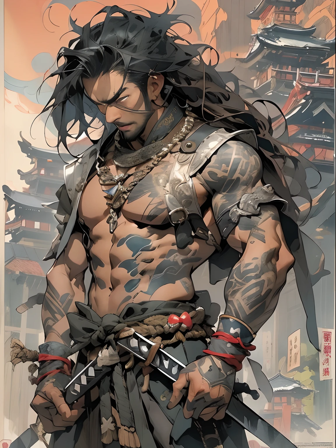 (((mtu))), (((best qualityer))), (((tmasterpiece))), (((AS-Adult))), ((( Japanese ))), Look up from your knees, Handsome Asian samurai,perfect body figure, Modern samurai, ((( Asian))), Wear gloves on your hands,The left arm is made of steel and metal tips,Made of protective devices, The eyes are pulled, (( Appears below the chest )), (( Small dental floss )), Simon Bisley, Almost naked(Simon Bisley)Castle City Wilderness,For high-resolution posters, hair straight, Minimum clothing, armure (Crazy clothes ), Full of tips and rivets, tribal tattoos, (((full bodyesbian))), Straight brunette hair,Colored hair ends