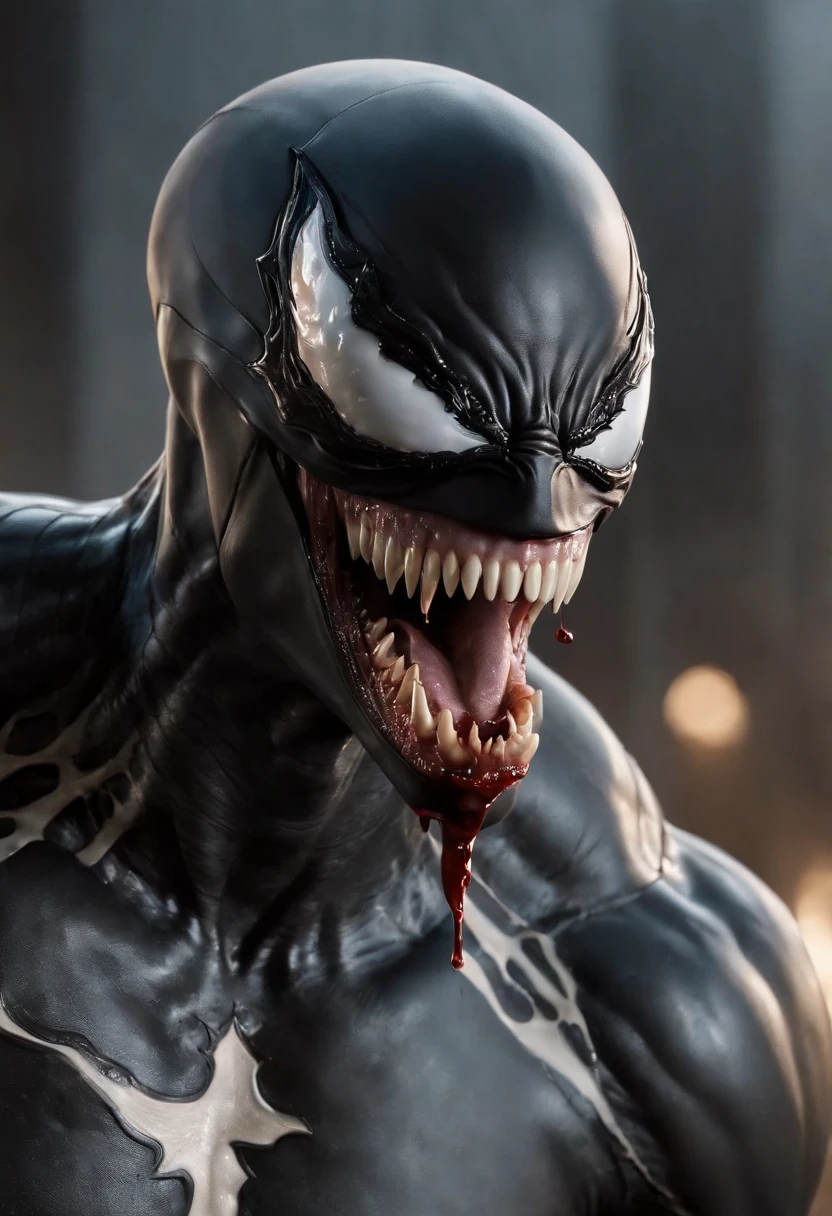 Venom,symbiote,Human perspective,Humanoid robots,Male，Black body,Dripping,Sweat,Wet,Open mouth,Blood basin mouthful，Sharp teeth,Long tongue,There is mucus on the tongue，Muscular male,large pecs，Abs are prone to negative skin,Black and blue body，Sweat，Mucus attaches to the body，Greasy and shiny body，The body is covered with black pus，Generous figure