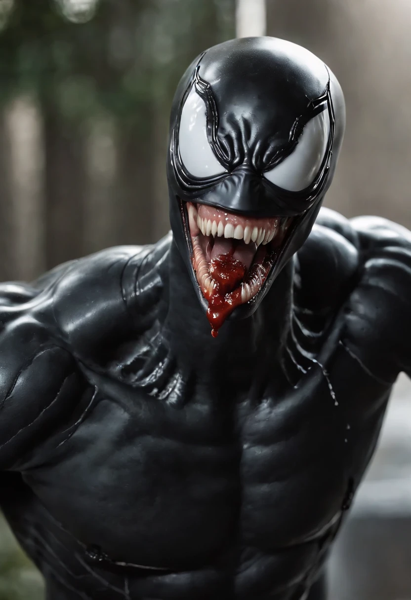 Venom,symbiote,Human perspective,Humanoid robots,Male，Black body,Dripping,Sweat,Wet,Open mouth,Blood basin mouthful，Sharp teeth,Long tongue,There is mucus on the tongue，Muscular male,large pecs，Abs are prone to negative skin,Black and blue body，Sweat，Mucus attaches to the body，Greasy and shiny body，The body is covered with black pus，Generous figure