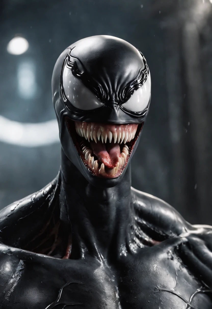 Venom,symbiote,Human perspective,Humanoid robots,male，Black body,Dripping,Sweat,Wet,Open mouth,Blood basin mouthful，Sharp teeth,Long tongue,There is mucus on the tongue，Muscular male,large pecs，Abs are prone to negative skin,Black and blue body，Sweat，Mucus attaches to the body，Greasy and shiny body