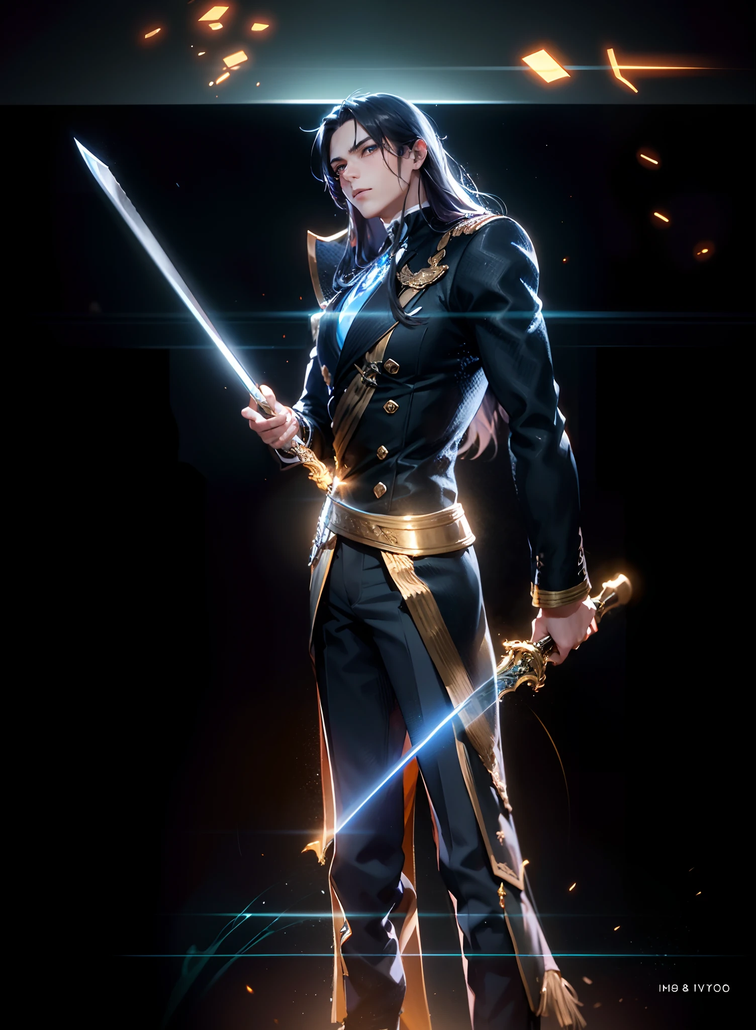 A young man with deep blue long hair, cold and resolute eyes, a slender face, handsome features, stands tall in front of a decrepit ancient city under the night sky, exudes a dignified demeanor, he wears a two-piece Western-Eastern hybrid black suit coat, matching black trousers, in each hand he holds a curved longsword emitting a faint, hazy blue glow that illuminates the surroundings, this character embodies a finely crafted fantasy-style swordsman design in anime style, characterized by a sophisticated and mature manga illustration art style, high definition, best quality, highres, ultra-detailed, ultra-fine painting, extremely delicate, professional, anatomically correct, symmetrical face, extremely detailed eyes and face, high quality eyes, creativity, RAW photo, UHD, 8k, Natural light, cinematic lighting, masterpiece:1.5