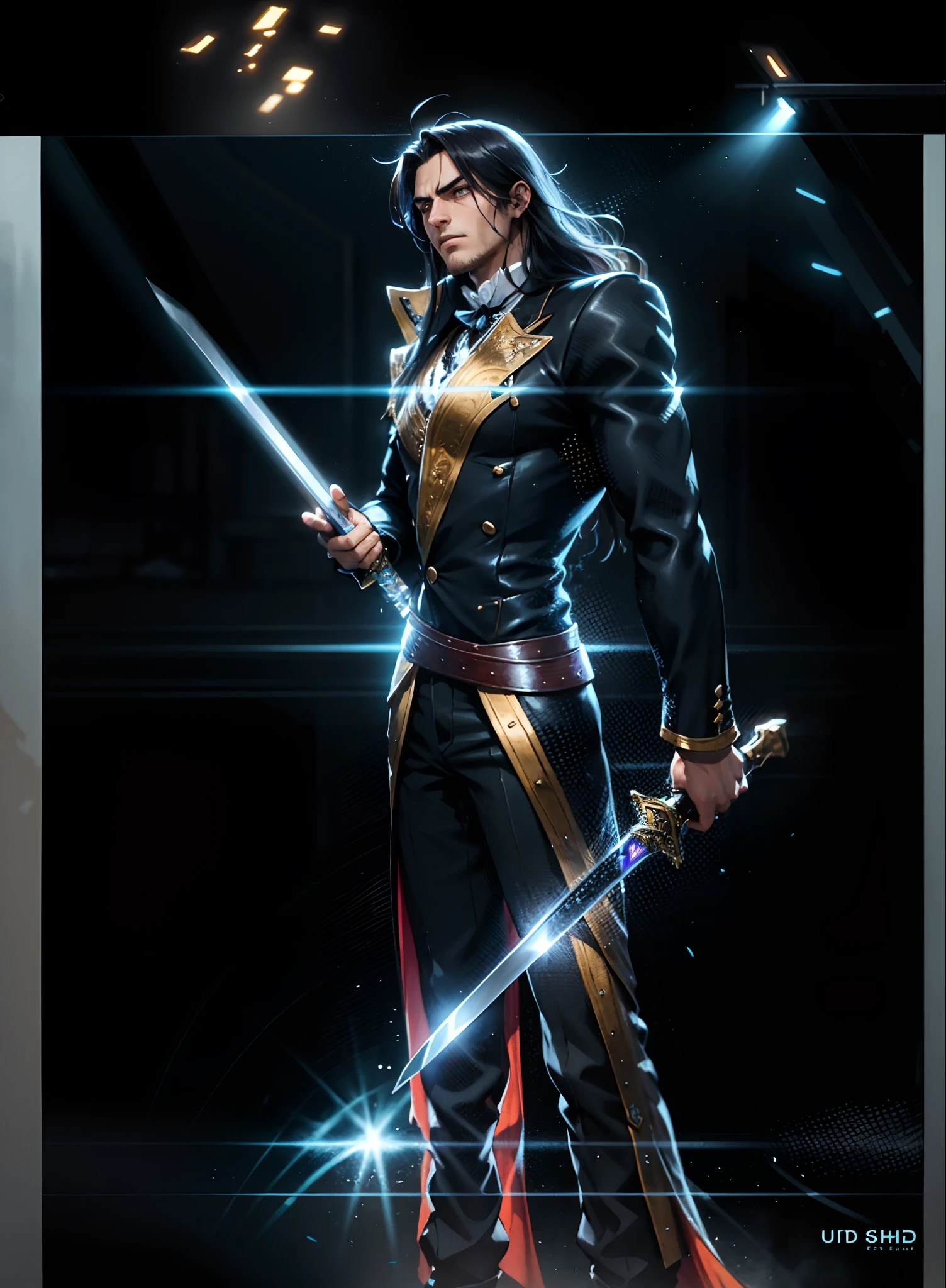 A young man with deep blue long hair, cold and resolute eyes, a slender face, handsome features, stands tall in front of a decrepit ancient city under the night sky, exudes a dignified demeanor, he wears a two-piece Western-Eastern hybrid black suit coat, matching black trousers, in each hand he holds a curved longsword emitting a faint, hazy blue glow that illuminates the surroundings, this character embodies a finely crafted fantasy-style swordsman design in anime style, characterized by a sophisticated and mature manga illustration art style, high definition, best quality, highres, ultra-detailed, ultra-fine painting, extremely delicate, professional, anatomically correct, symmetrical face, extremely detailed eyes and face, high quality eyes, creativity, RAW photo, UHD, 8k, Natural light, cinematic lighting, masterpiece:1.5