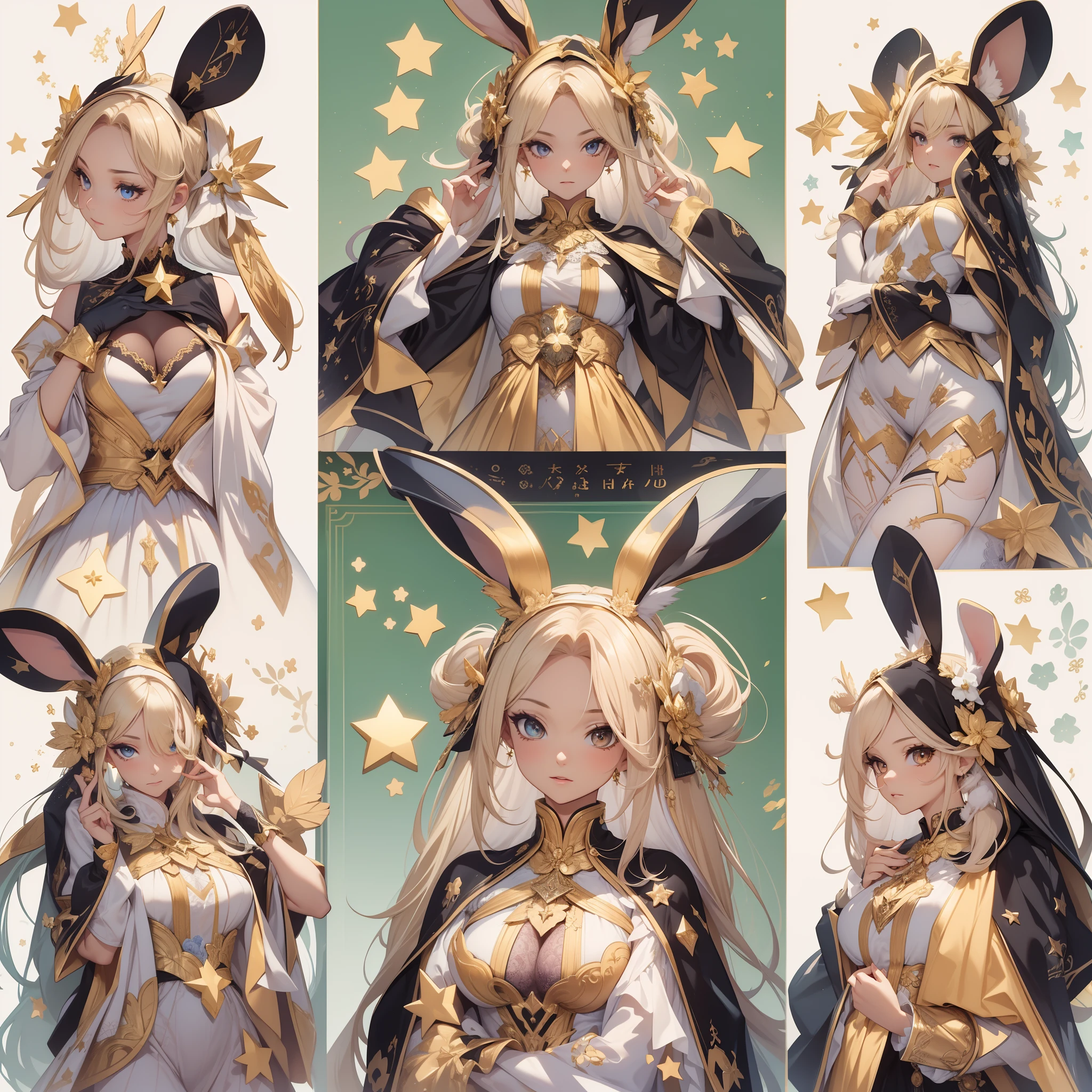 Masterpiece, Highest quality, Detailed face, CharacterDesignSheet,perfectly proportions,full bodyesbian,Full of details, Multiple poses and expressions, Highly detailed, beautiful goddess woman,Gold powder gradient hair,Wear a rabbit outfit,black in color,Star decoration,Lace,lacepantyhose, High Balance,Natural light
