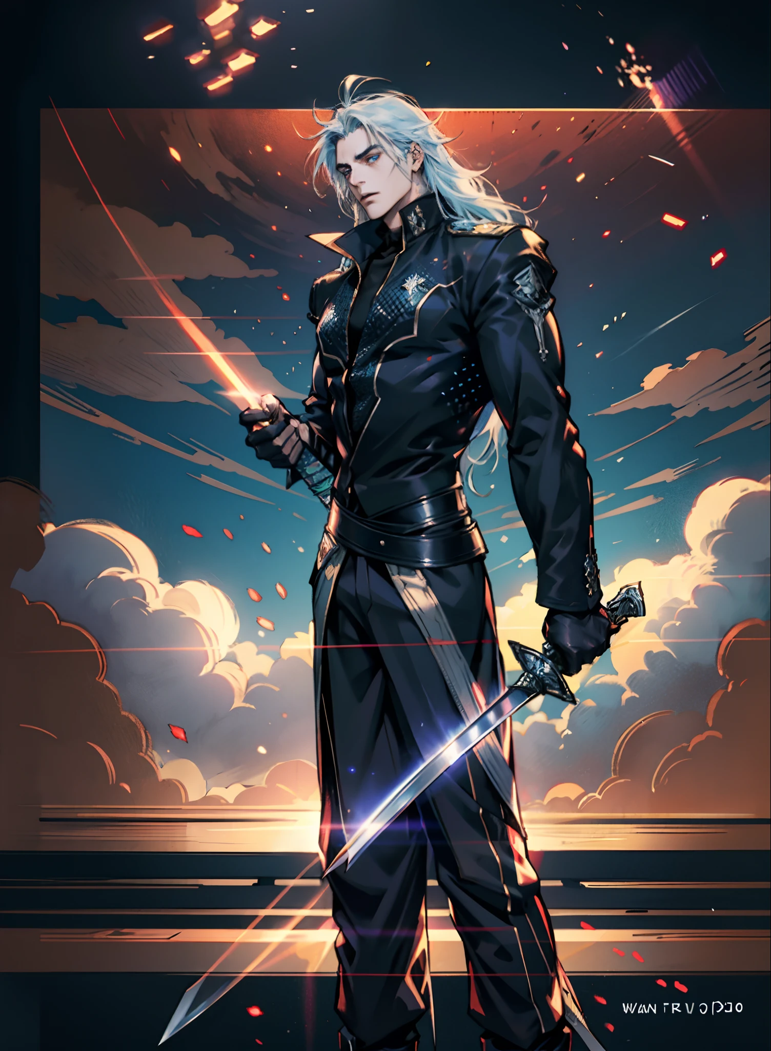 A young man with deep blue long hair, cold and resolute eyes, a slender face, handsome features, stands tall in front of a decrepit ancient city under the night sky, exudes a dignified demeanor, he wears a two-piece Western-Eastern hybrid black suit coat, matching black trousers, in each hand he holds a curved longsword emitting a faint, hazy blue glow that illuminates the surroundings, this character embodies a finely crafted fantasy-style swordsman design in anime style, characterized by a sophisticated and mature manga illustration art style, high definition, best quality, highres, ultra-detailed, ultra-fine painting, extremely delicate, professional, anatomically correct, symmetrical face, extremely detailed eyes and face, high quality eyes, creativity, RAW photo, UHD, 8k, Natural light, cinematic lighting, masterpiece:1.5