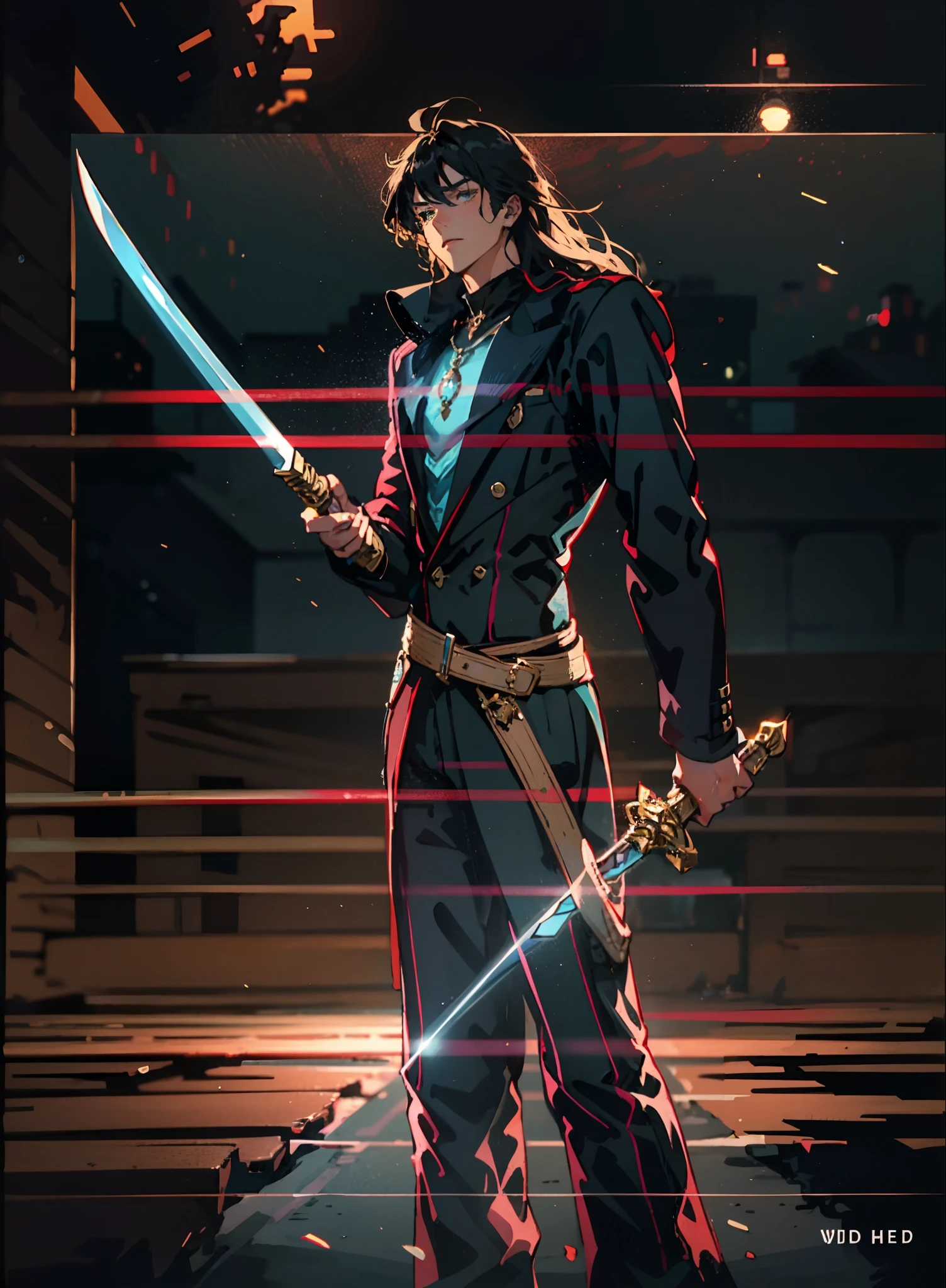 A young man with deep blue long hair, cold and resolute eyes, a slender face, handsome features, stands tall in front of a decrepit ancient city under the night sky, exudes a dignified demeanor, he wears a two-piece Western-Eastern hybrid black suit coat, matching black trousers, in each hand he holds a curved longsword emitting a faint, hazy blue glow that illuminates the surroundings, this character embodies a finely crafted fantasy-style swordsman design in anime style, characterized by a sophisticated and mature manga illustration art style, high definition, best quality, highres, ultra-detailed, ultra-fine painting, extremely delicate, professional, anatomically correct, symmetrical face, extremely detailed eyes and face, high quality eyes, creativity, RAW photo, UHD, 8k, Natural light, cinematic lighting, masterpiece:1.5