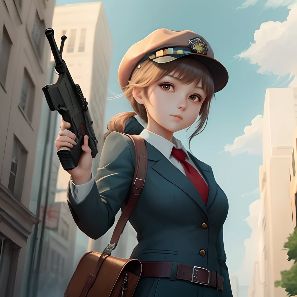 Anime Detective Girl wearing brown detective attire and hat while holding a gun