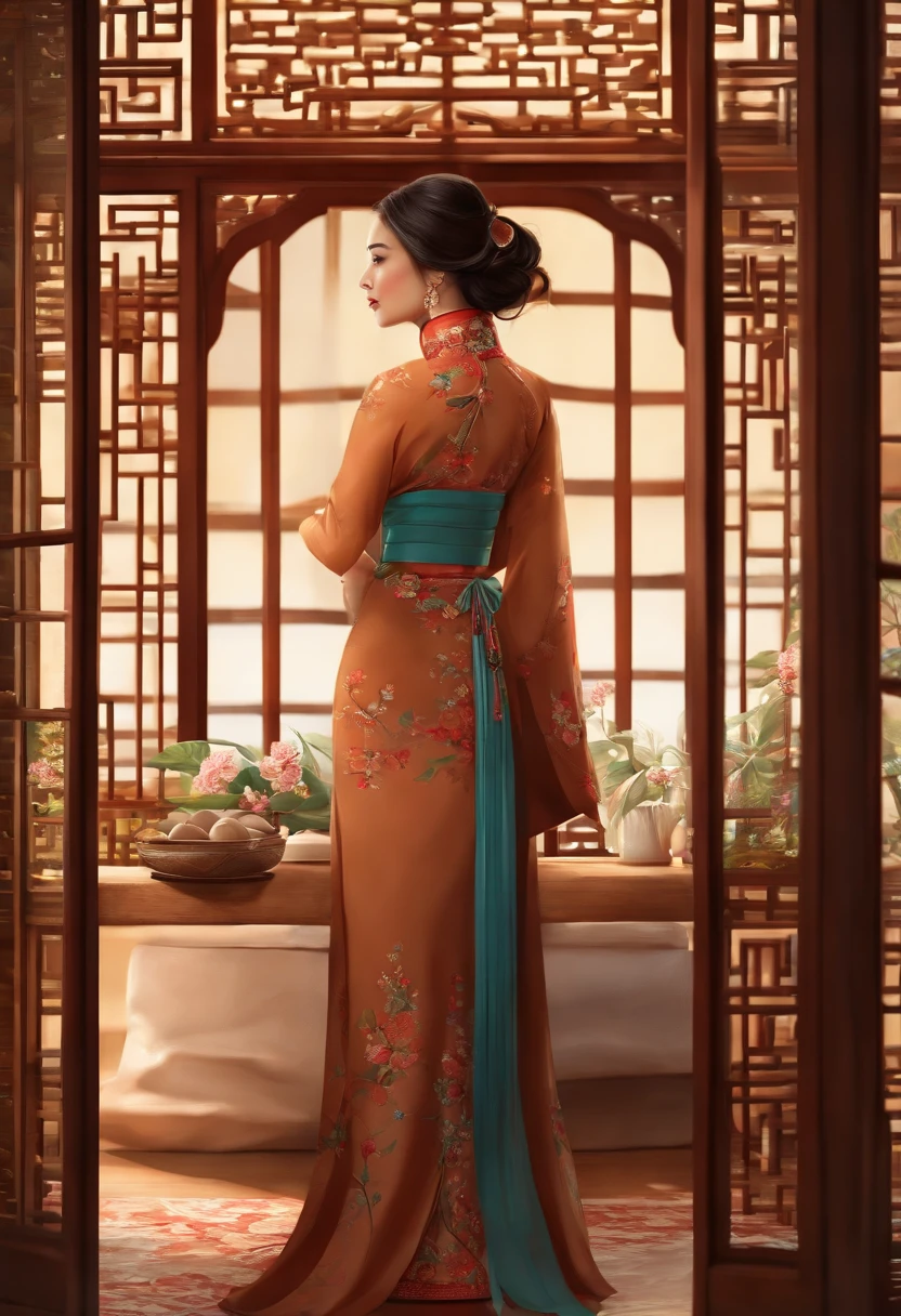 illustration design, Personagens delicados, Windows, Tabelas, brown hair, olhos grandes, Long Cheongsam