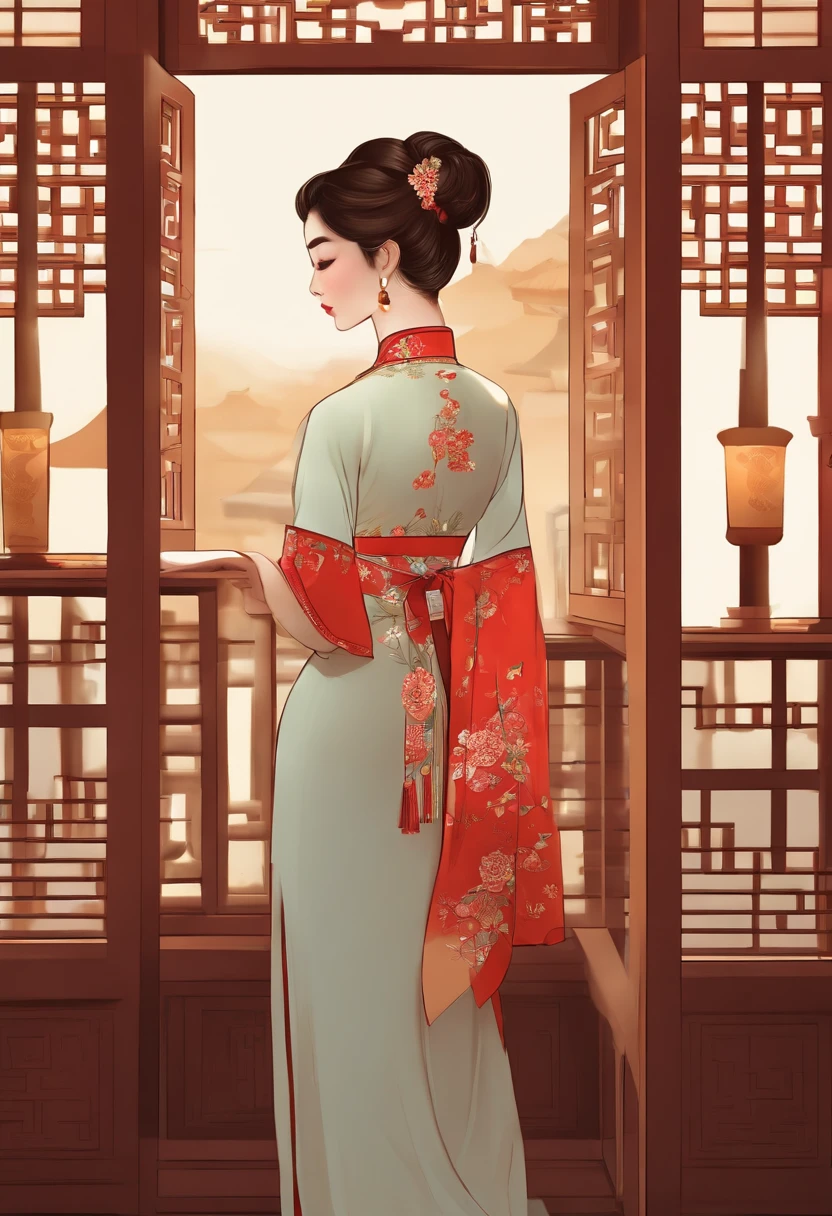 illustration design, Personagens delicados, Windows, Tabelas, brown hair, olhos grandes, Long Cheongsam