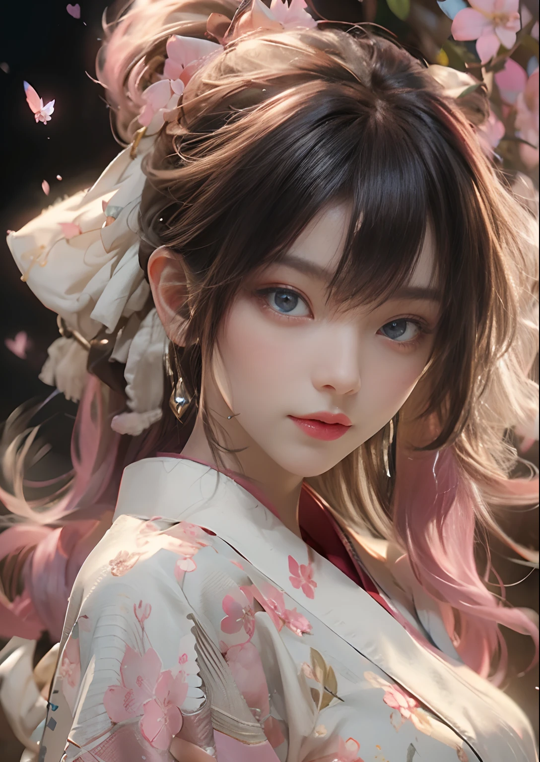 ((Best Quality)), ((Masterpiece)), (Detail: 1.4), 3D, Beautiful Cyberpunk Female Image, HDR (High Dynamic Range), Ray Tracing, NVIDIA RTX, Super Resolution, Unreal 5, Subsurface Scattering, PBR Texture, Post-Processing, Anisotropic Filtering, Depth of Field, Maximum Sharpness and Sharpness, Multi-layer Texture, Albedo and Highlight Mapping, Surface Coloring, Mitsu-Accurate Simulation of Material Interactions, Perfect Proportions, Octane Rendering, Two-color Light, Large Aperture, Low ISO, white balance, regular three-point, 8K RAW, beautiful bright pupils, flowing robe, fine pupils, delicate face and eyes, long eyelashes, blush, fluffy hair, pink lips, pure, cute, cherry blossom petals falling, butterfly