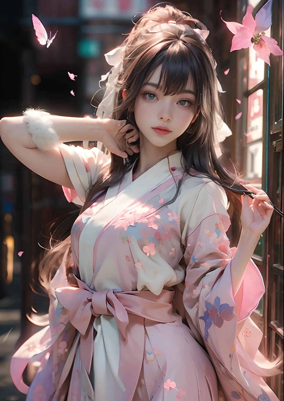 ((best qualtiy)), ((tmasterpiece)), (detail:1.4), Beautiful cyberpunk female images,hdr(HighDynamicRange),Ray traching,NVIDIA RTX,Hyper-Resolution,illusory 5,sub surface scattering,PBR textures,post-proces,Anisotropy Filtering,depth of fields,maximum definition and sharpness,Many-Layer Textures,Albedo e mapas Speculares,Surface coloring,Mitsu-Accurate simulation of material interactions,perfectly proportioned,rendering by octane,Two-colored light,largeaperture,Low ISO,White balance,Rule three points、8K raw data、Beautiful bright blue pupils,off-the-shoulder clothes,Fine pupils,Delicate face and eyes,long eyelasher,Blushlush,Delicate and fluffy hair,pink lip,Pure,Cute face,Sweet girl,Artistic sense,Casual wear,Advancedsense,butterflys,Cherry blossom petal,Beautiful hair accessories,Long hair and waist,Hair fluttering in the wind,Snow-white fox ears,curlies,Snow-white fluffy tail