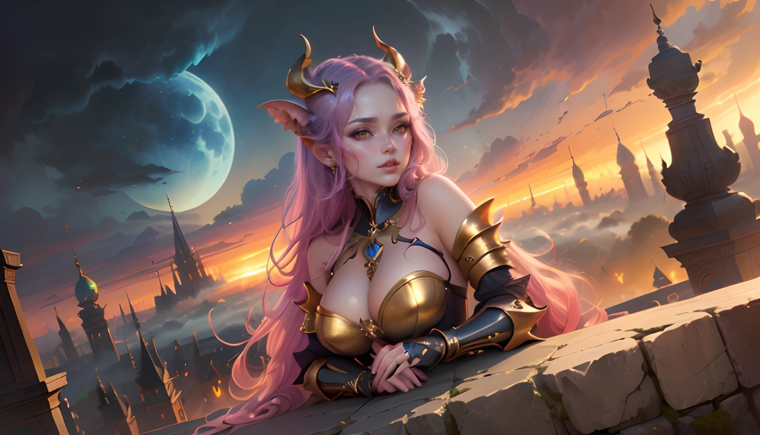 ((Need)), ((tmasterpiece)), (A detailed), Enchanting succubus, Sexy beauty, Perched in clouds, (fantasy illustrations:1.3), Seductive gaze, Charming seductive pose, tight top, wearing golden armour,otherworldly charm, Mysterious Sky, Strange fire clouds,the setting sun,moon full,Seductive pose,Chibi Ancient City,Large portrait building,Head facing right。