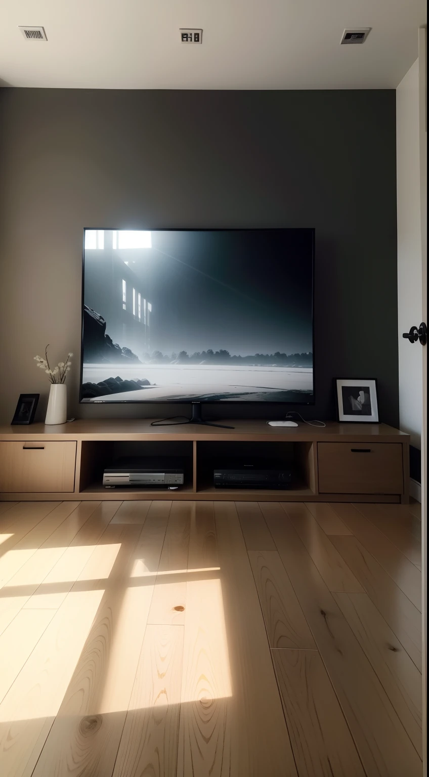 A wall，There is a huge TV hanging in the middle of the wall，The TV is a black screen，The TV is surrounded by some ordinary furniture or wall decoration，There is no sunlight whatsoever，Without sunlight，no sun，There is no light and shadow，Late afternoon