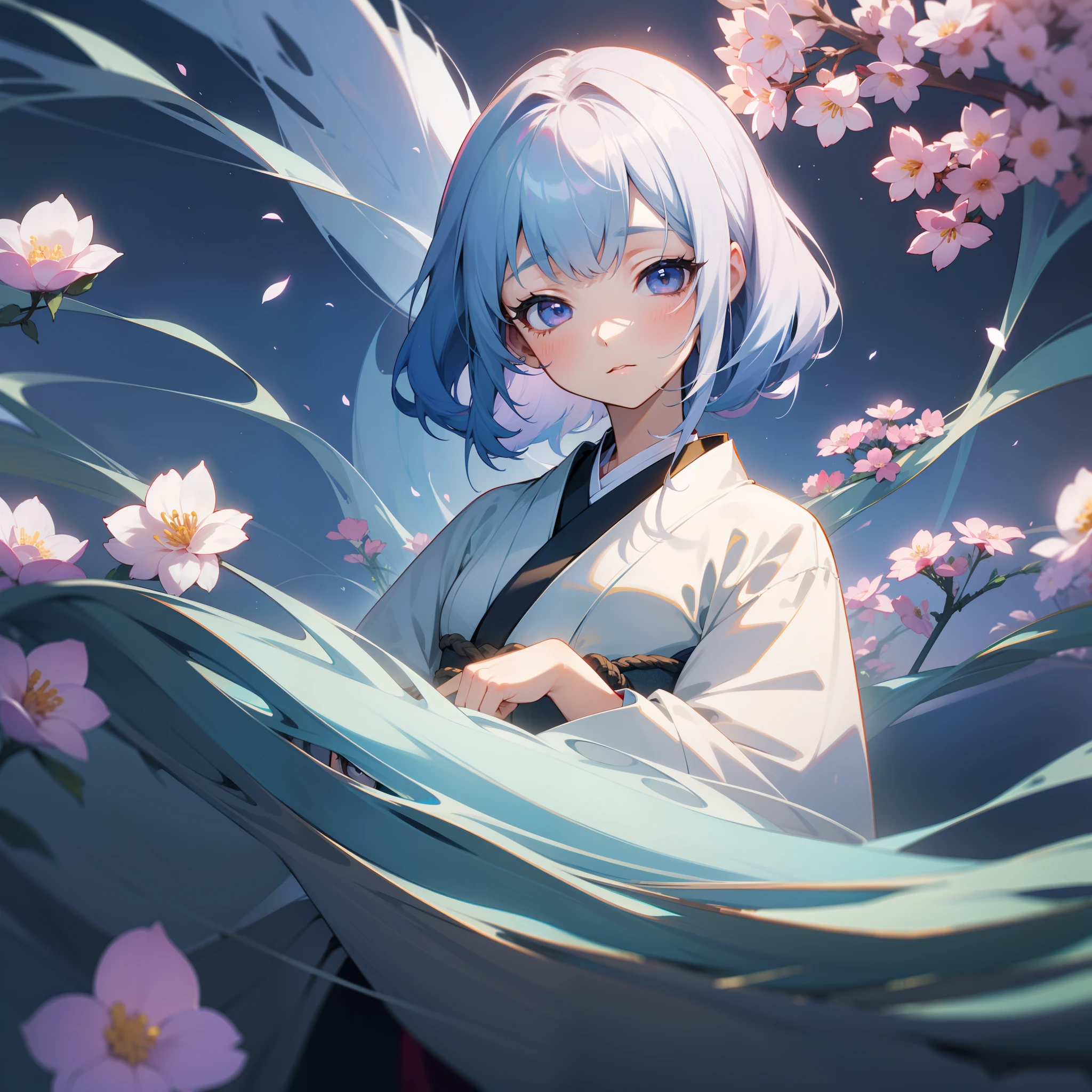 Flowers are placed on scales、Woman in Japanese clothes、In her eyes、Deep secrets that transcend time and space are hidden、The surrounding scenery is strangely distorted、The line between reality and illusion was blurring、
