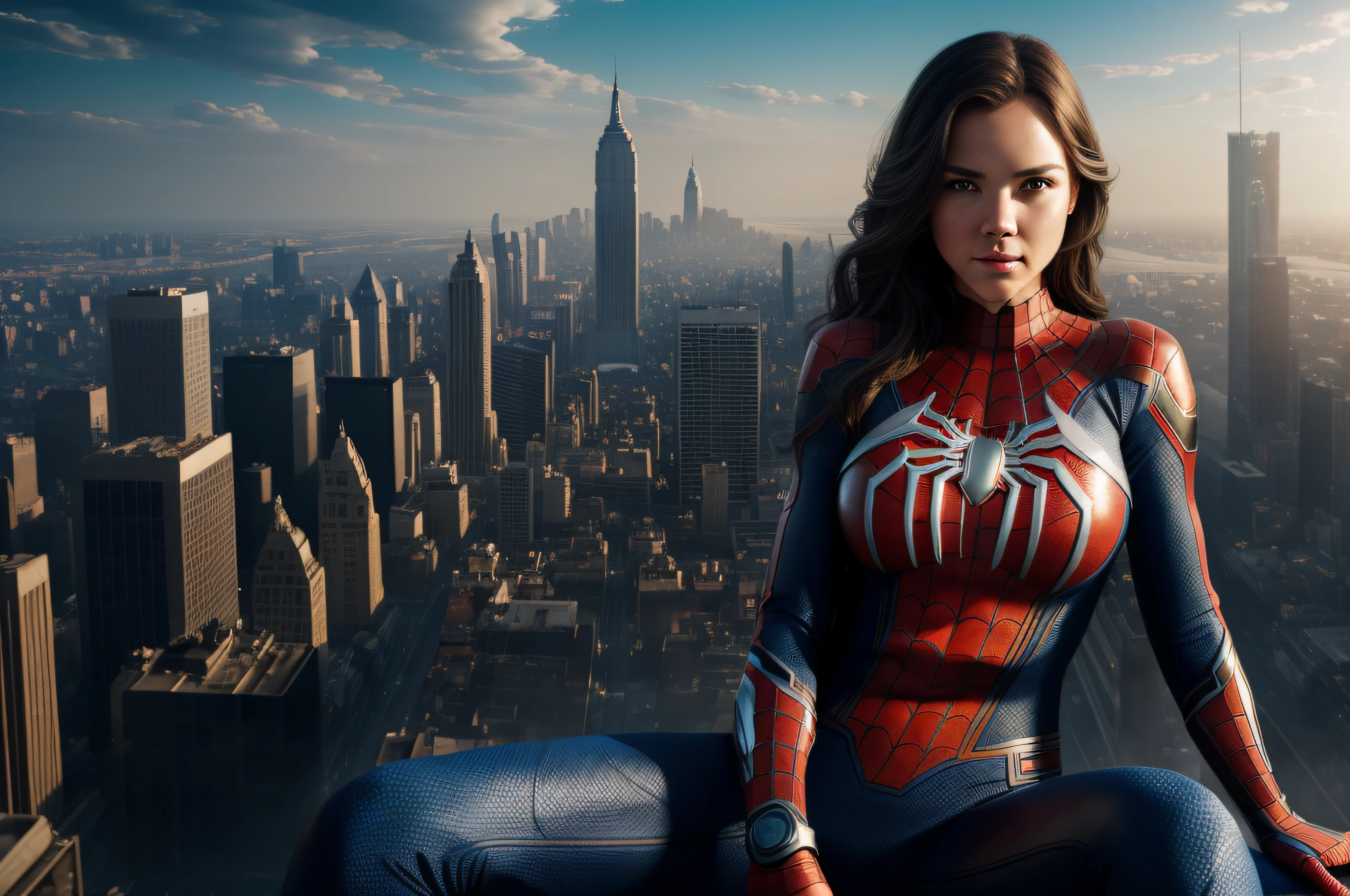 (1girl:1.3), solo, very detailed eyes and face and body, official art, unified 8k wallpaper, super detailed, beautiful and beautiful, beautiful, masterpiece, best quality, original, masterpiece, super fine photo, best quality, super high resolution, realistic realism, sunlight, full body portrait, amazing beauty, dynamic pose, delicate face, small breasts, vibrant eyes, (from the front), she is wearing a Spider-Man suit, red and blue color scheme, spider, very detailed city roof background, rooftop, overlooking the city, detailed face, detailed complex busy background, messy, gorgeous, milky white, highly detailed skin, realistic skin details, visible pores, clear focus, volumetric fog, 8k uhd, DSLR, high quality, film grain, fair skin, photo realism, lomography, futuristic dystopian giant metropolis, translucent
