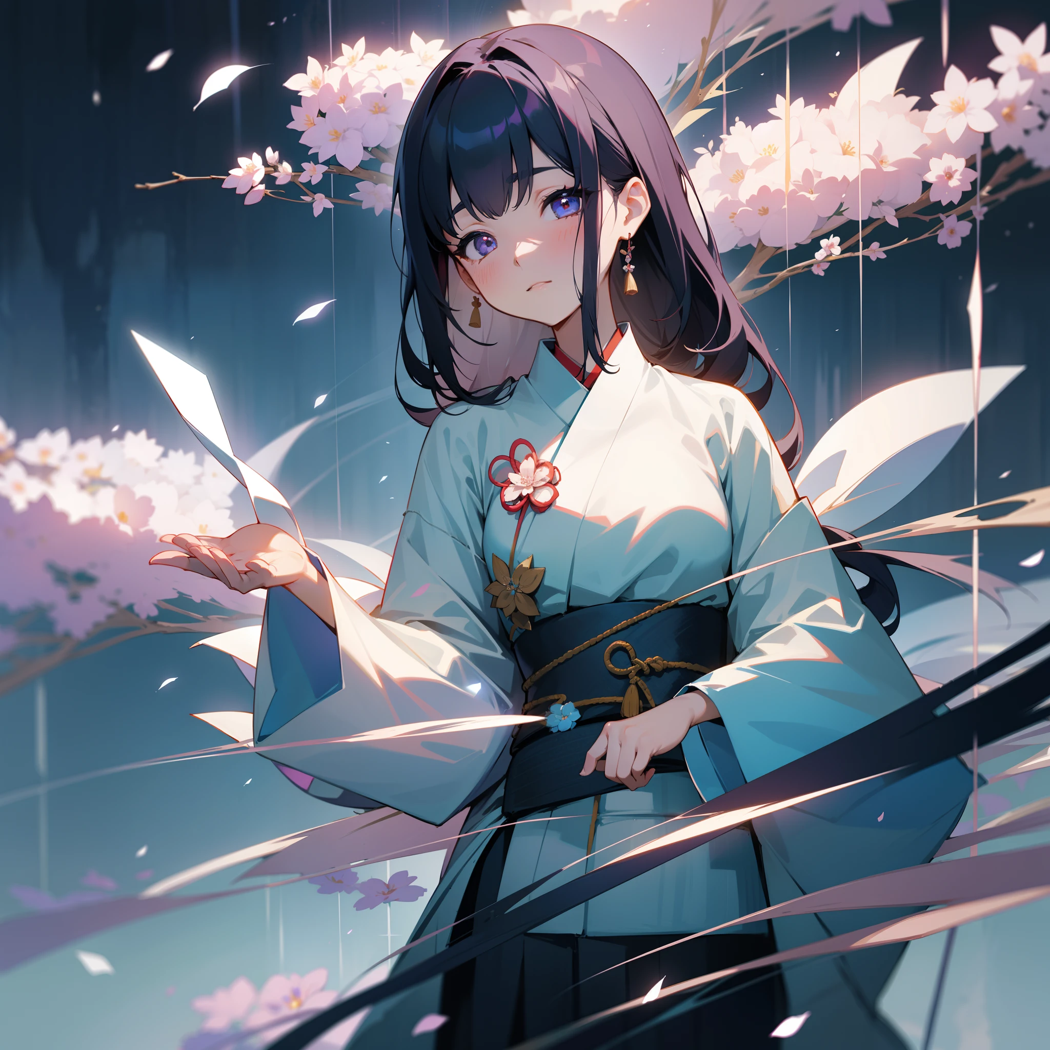 Flowers are placed on scales、Woman in Japanese clothes、In her eyes、Deep secrets that transcend time and space are hidden、The surrounding scenery is strangely distorted、The line between reality and illusion was blurring、