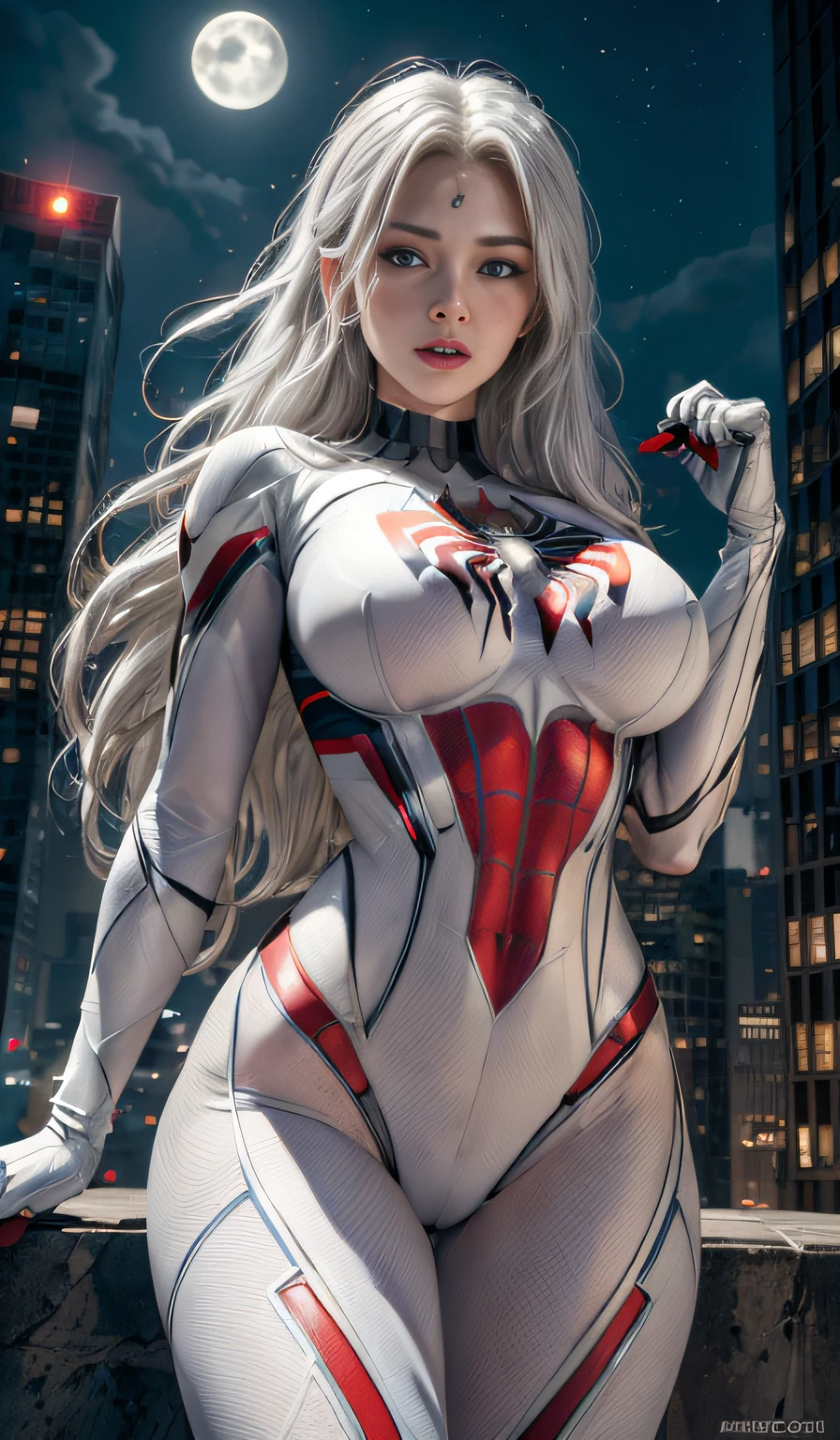 (Masterpiece, 4k resolution, ultra-realistic, very detailed), (White superhero theme, charismatic, there's a girl on top of town, wearing Spider-Man costume, she's a superhero), [ ((25 years), (long white hair:1.2), full body, (blue eyes:1.2), ((Spider-Man pose),show of strength, jumping from one building to another), ((sandy urban environment):0.8)| (cityscape, at night, dynamic lights), (full moon))] # Explanation: The Prompt mainly describes a 4K painting of ultra-high definition, very realistic, very detailed. It shows a superheroine at the top of the city, wearing a Spider-Man costume. The theme in the painting is a white superhero theme, the female protagonist has long white hair, is 25 years old and her entire body is shown in the painting. In terms of portraying the actions of superheroines, spiders are employed, show nipple