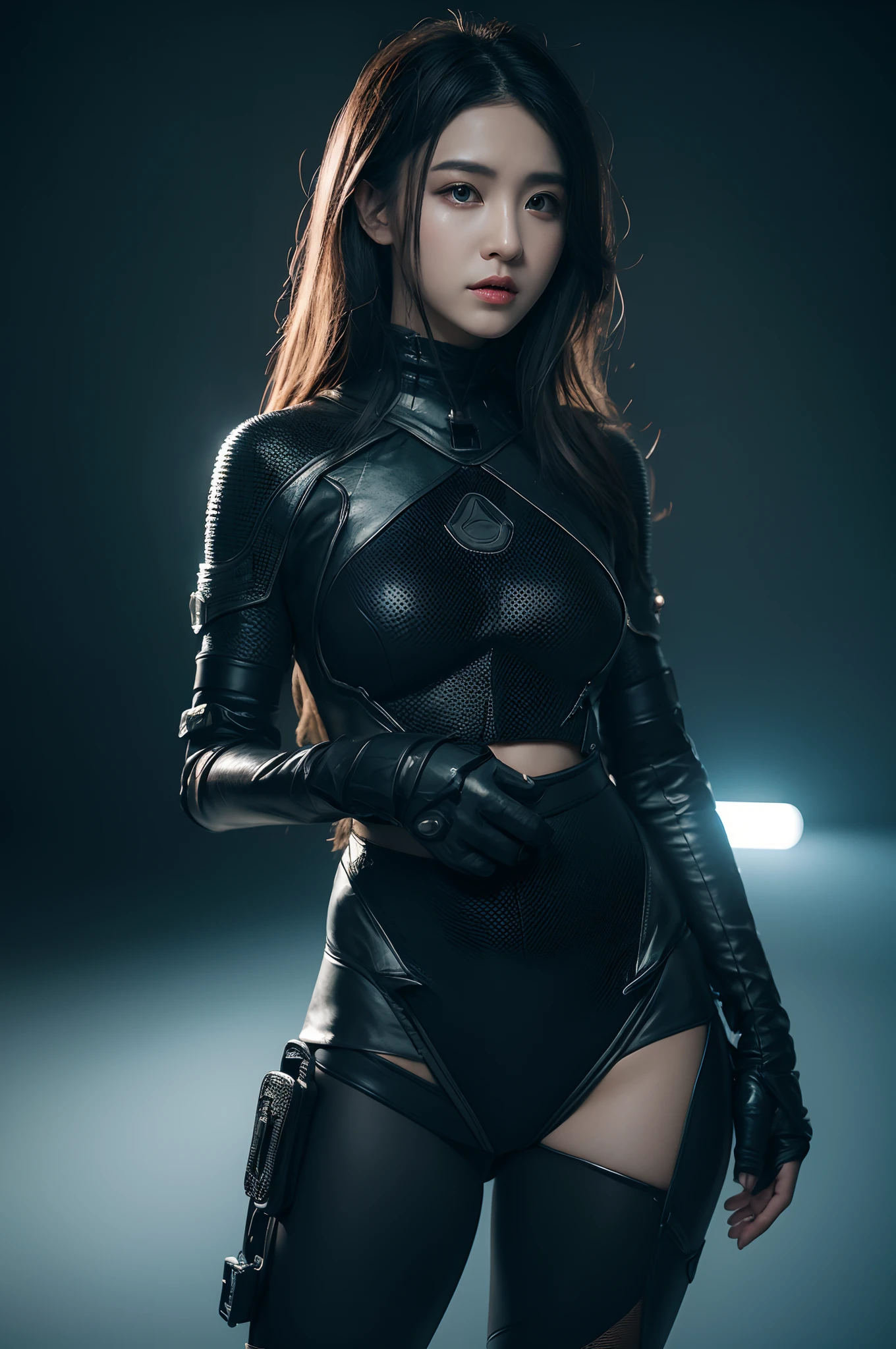 From face to the waist::1, realistic skin texture, zbrush::1 realistic super detailed hair, 3d::1, front view::1, mech suit::1, sports photography, panning photography::1, vaporwave::1, golden hour, unreal engine::1, zbrush::1, charlie bowater::1, bold makeup::1