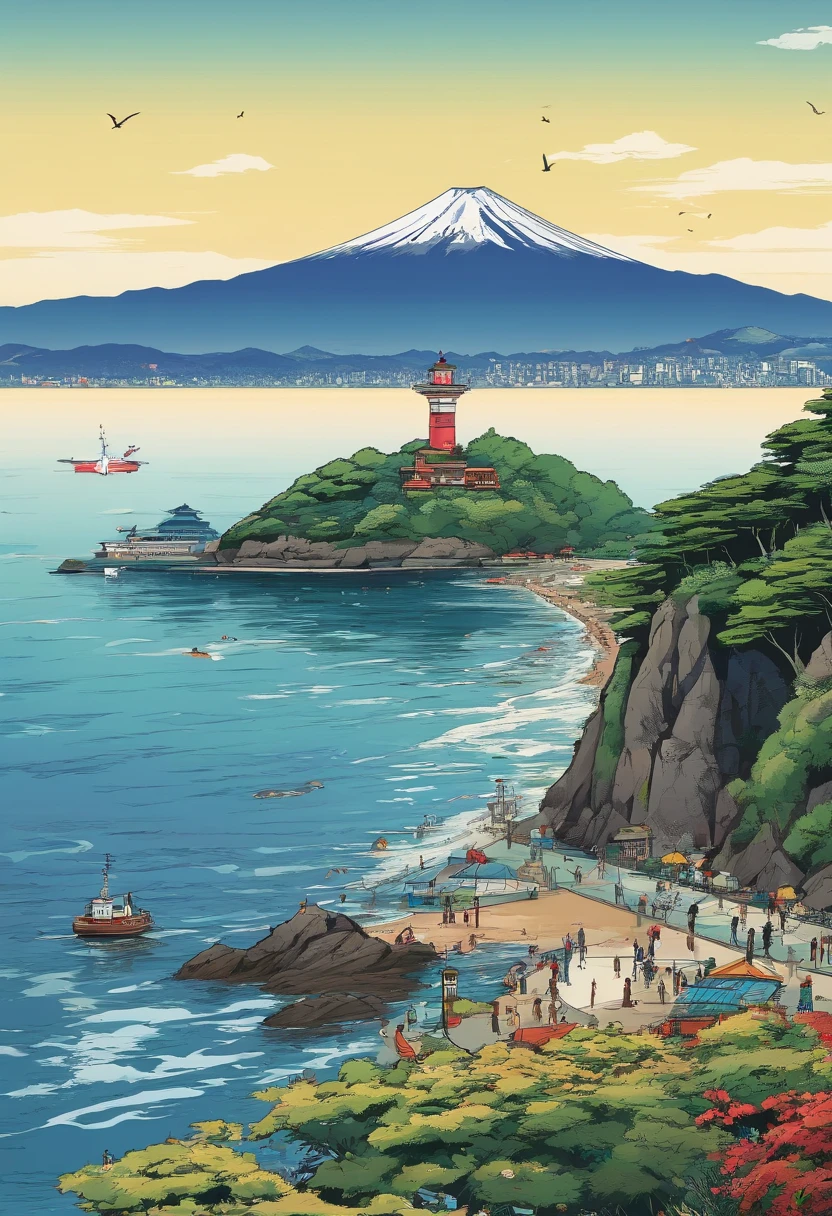 (best quality,4k,8k,highres,masterpiece:1.2),ultra-detailed,(realistic,photorealistic,photo-realistic:1.37),captivating sunrise view from Enoshima Island, majestic Mount Fuji dominating the background, sparkling ocean waves gently crashing against the shore, vibrant colors of the rising sun illuminating the landscape, tranquil atmosphere with a hint of mist in the air, boats sailing peacefully on the calm sea, a lone seagull soaring above the island, lush greenery surrounding the beach, the iconic Enoshima lighthouse standing tall and proud, a couple strolling hand in hand along the shoreline, refreshing sea breeze caressing their faces, distant mountains adding depth to the scenery, a sense of serenity and awe-inspiring beauty captured in this magnificent artwork.