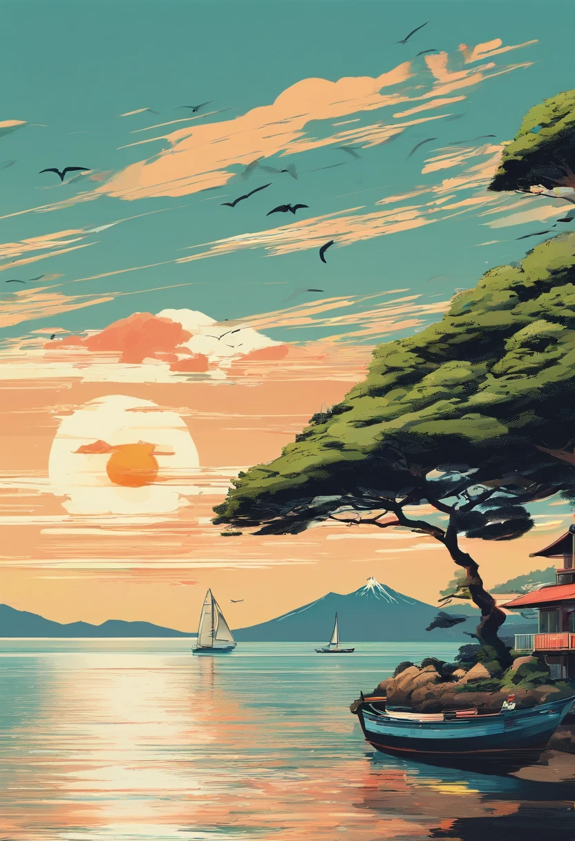 (best quality,4k,8k,highres,masterpiece:1.2),ultra-detailed,(realistic,photorealistic,photo-realistic:1.37),captivating sunrise view from Enoshima Island, majestic Mount Fuji dominating the background, sparkling ocean waves gently crashing against the shore, vibrant colors of the rising sun illuminating the landscape, tranquil atmosphere with a hint of mist in the air, boats sailing peacefully on the calm sea, a lone seagull soaring above the island, lush greenery surrounding the beach, the iconic Enoshima lighthouse standing tall and proud, a couple strolling hand in hand along the shoreline, refreshing sea breeze caressing their faces, distant mountains adding depth to the scenery, a sense of serenity and awe-inspiring beauty captured in this magnificent artwork.