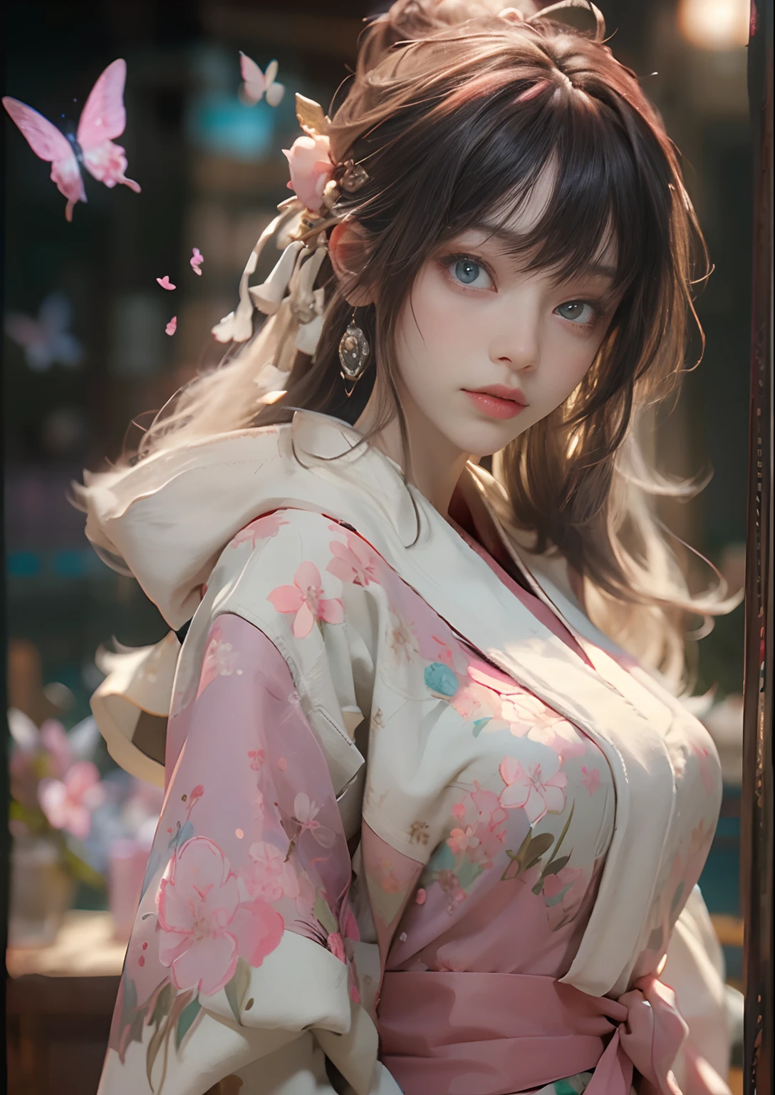 ((best qualtiy)), ((tmasterpiece)), (detail:1.4), 3D, Beautiful cyberpunk female images,hdr(HighDynamicRange),Ray traching,NVIDIA RTX,Hyper-Resolution,illusory 5,Sub-surface scattering,PBR textures,post-proces,Anisotropy Filtering,depth of fields,maximum definition and sharpness,Many-Layer Textures,Albedo e mapas Speculares,Surface coloring,Mitsu-Accurate simulation of material interactions,perfectly proportioned,rendering by octane,Two-colored light,largeaperture,Low ISO,White balance,Rule three points、8K raw data、beautiful bright pupils,off-the-shoulder clothes,Fine pupils,Delicate face and eyes,long eyelasher,Blushlush,Delicate and fluffy hair,Pink lips,Pure,Cute big breasts,Sweet girl,Artistic sense,Casual wear,Advancedsense,butterflys,Cherry blossom petal,Beautiful hair accessories