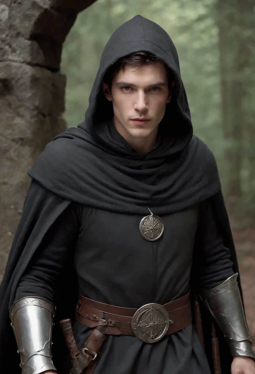 lone man half-elf warrior, pale, With gray eyes, with short dark hair, in a black cloak with a hood, in armor, In a dark cave, Wounded, scar on the neck, full-length portrait, D&D, fantasy, an intricate, Detailed, digitalpainting, artstation, ConceptArt, Smooth, Hard Focus, illustartion