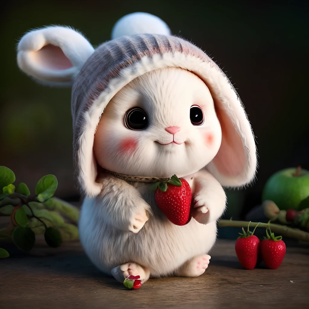 : 3. Rabbit, realistic, hairy, clothed animal, apple, dark circles, blush, cherry, food, fruit, full body, hat, non-human, strawberry, tomato, watermelon