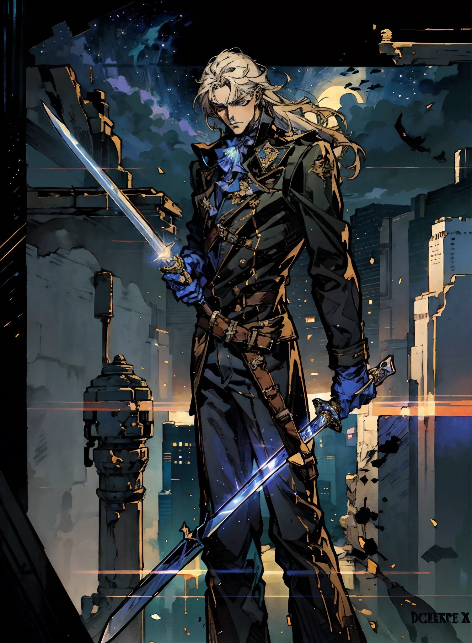 A young man with deep blue long hair, cold and resolute eyes, a slender face, handsome features, stands tall in front of a decrepit ancient city under the night sky, exudes a dignified demeanor, he wears a two-piece Western-Eastern hybrid black suit coat, matching black trousers, in each hand he holds a curved longsword emitting a faint, hazy blue glow that illuminates the surroundings, this character embodies a finely crafted fantasy-style swordsman design in anime style, characterized by a sophisticated and mature manga illustration art style, high definition, best quality, highres, ultra-detailed, ultra-fine painting, extremely delicate, professional, anatomically correct, symmetrical face, extremely detailed eyes and face, high quality eyes, creativity, RAW photo, UHD, 8k, Natural light, cinematic lighting, masterpiece:1.5