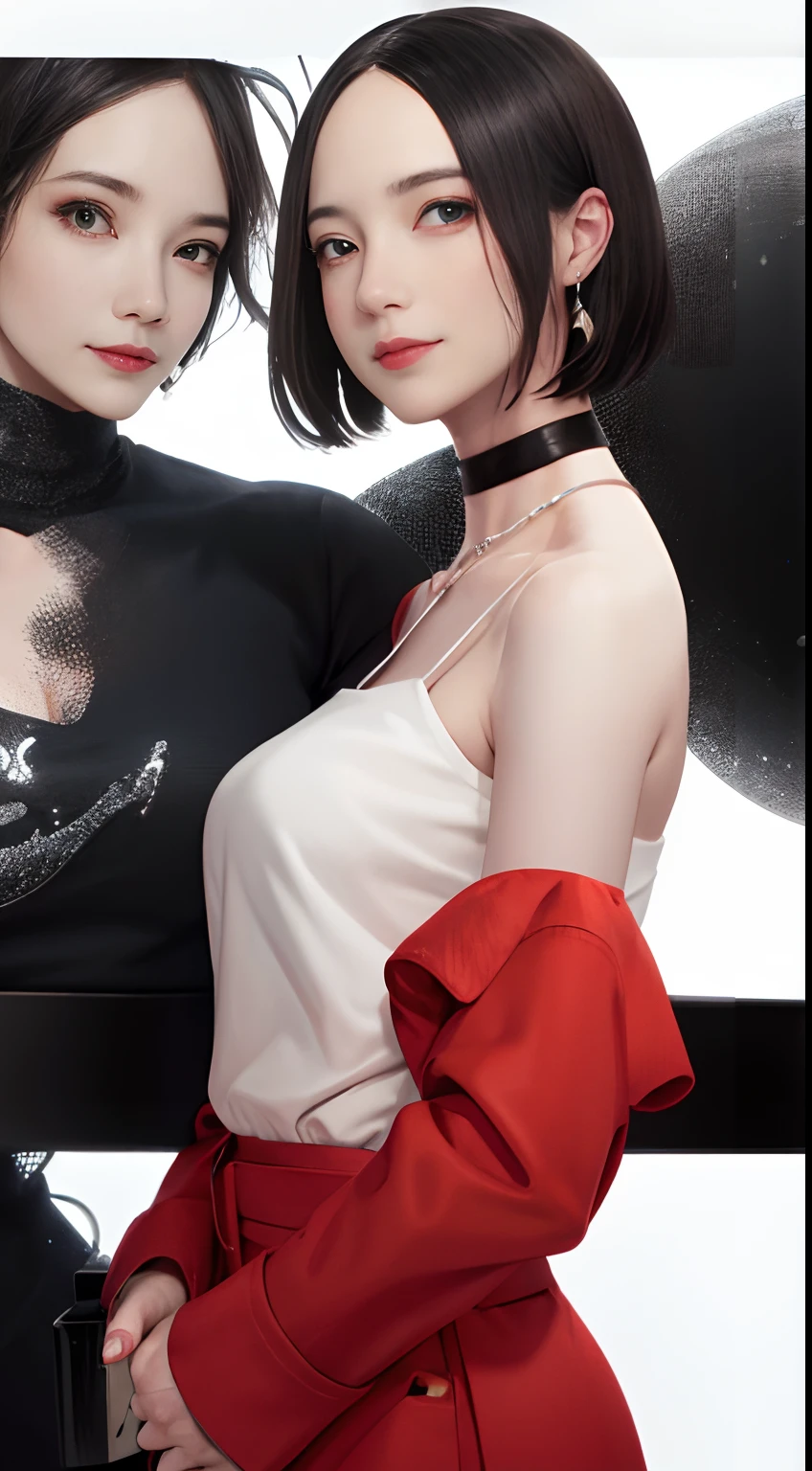 (masutepiece, Best Quality, 1girl in, Solo, Fine detail, chromatic abberation), Realistic, (Medium Breath)), pixie short hair, Sharp eyes, Choker,Off-the-shoulder shirt、 Open coat, (Symmetrical eyes), (Perfectly symmetrical body), Graffiti, Solid color background, Looking at the viewer, Guvez style artwork, Realistic art style, Woman taking photo in red coat and black pants