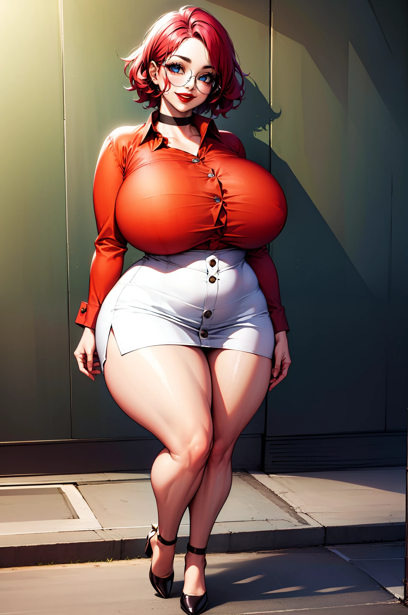 masterpiece, best quality, 1girl, solo, maxine, smile, red lips, white shirt, choker, glasses, standing, victorian dress, black dress, curvy, thick thighs, huge breasts, button gap, full body