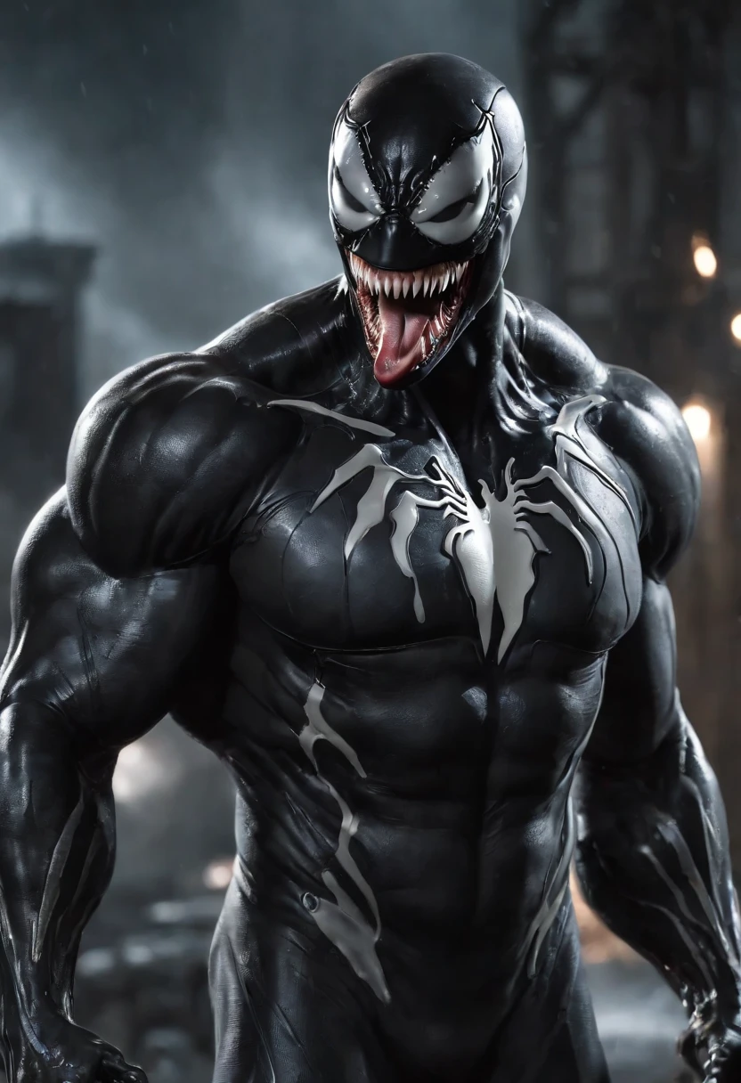 Venom, she-venom, symbiote, Marvel, Marvel character, female, woman, femenine, muscular, muscular female, abs, biceps, breasts, Big breasts, nipples, sexy femenine figure, no hair, bald, bald female, symbiote in all body, all body cover on symbiote,