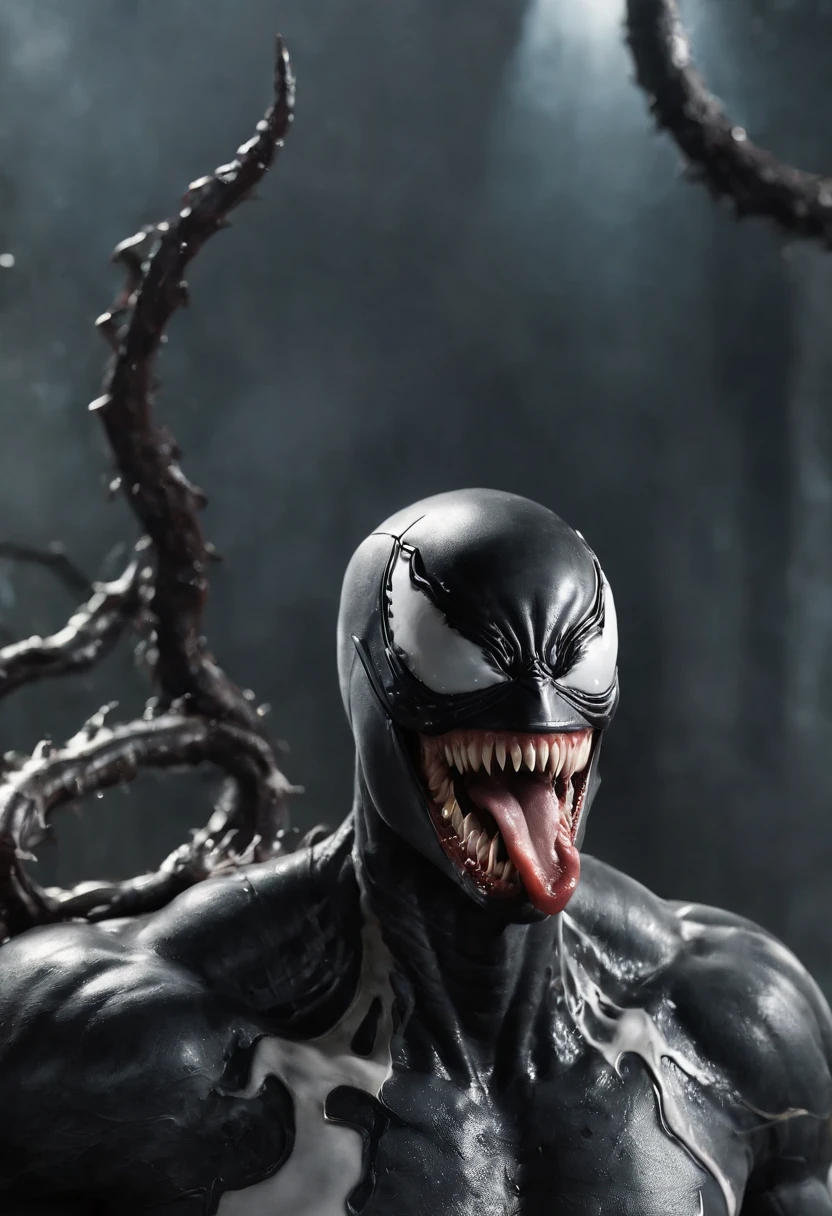 Venom,symbiote,Human perspective,Humanoid robots,Male,Black body,Dripping,Sweat,Wet,Open mouth,Blood basin mouthful,Sharp teeth,Long tongue,There is mucus on the tongue,Muscular male,large pecs,Abs are prone to negative skin,Black and blue body,Sweat,Mucus attaches to the body,Greasy and shiny body,Majestic body,Giant body,perfect bodies,Shark line figure