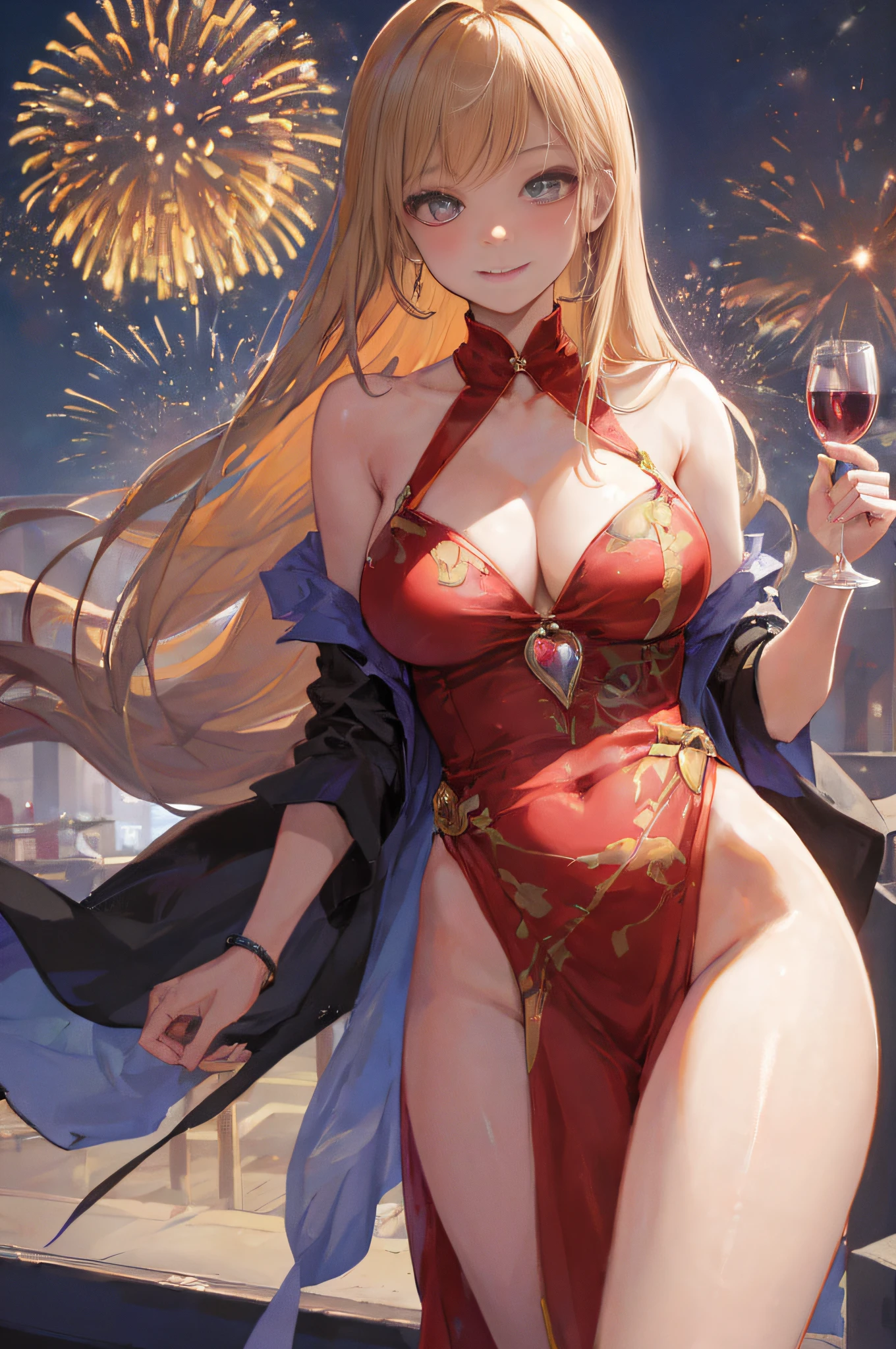 ((A sexy and beautiful woman holding a wine glass and looking at me on the terrace)), ((The cutest 22-year-old beauty)), Charming smile, ((Fireworks in the background) ), ((Very long hair) ), ((One piece with a lot of exposed parts)), ((Rich bust)), Gradient eyes, Seductive makeup, Single view, NFFSW, UHD, Retina, Masterpiece, Accurate, Anatomy Scientifically correct, textured skin, super detail, high detail, high quality, award winning, highest quality, high resolution, 1080P, HD, 4K, 8k, 16k