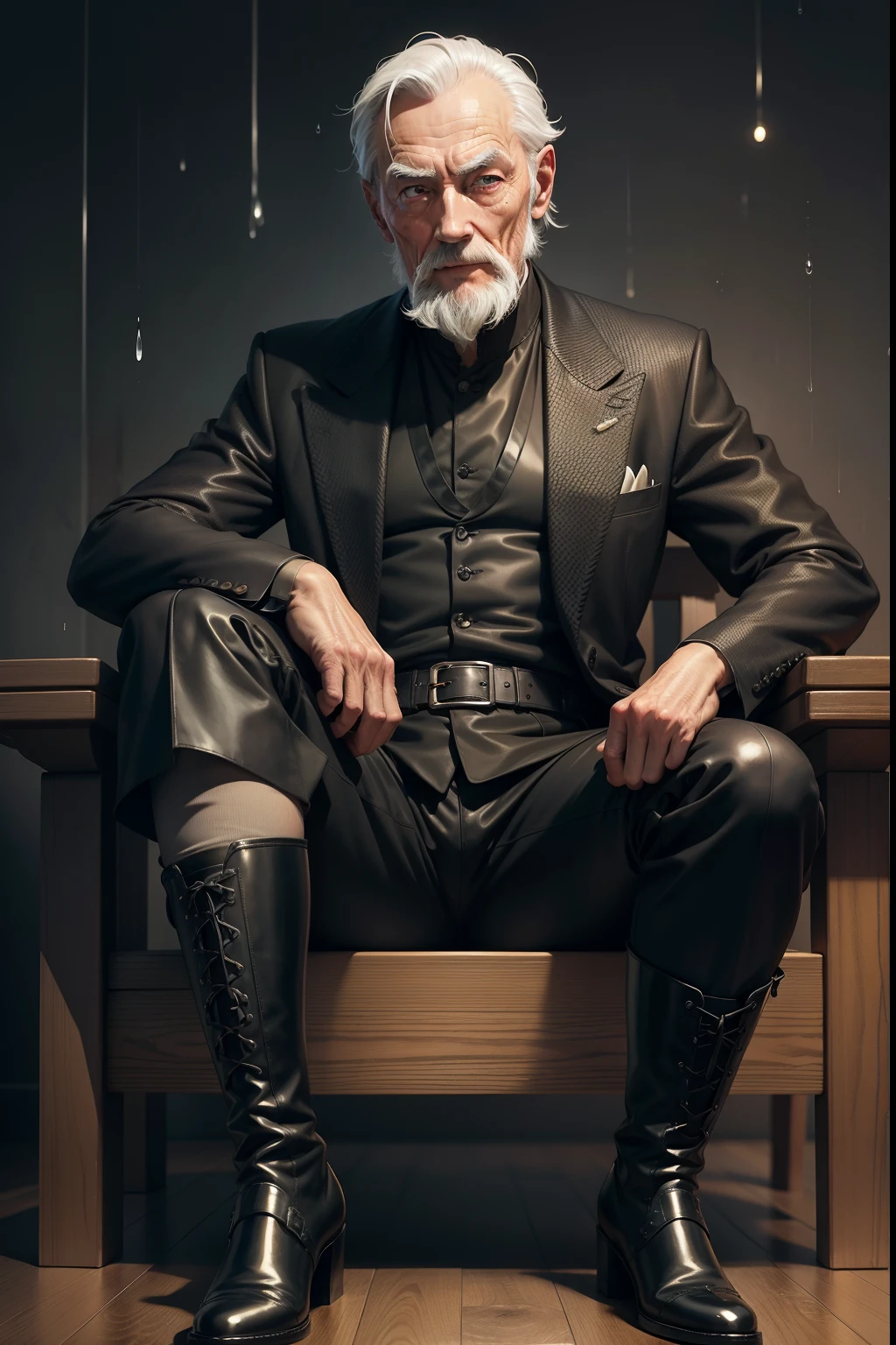 Old gentleman with a goatee,sit on chair,Eyes look at boots,Black high-gloss rain boots, 8K分辨率,Wallpaper masterpiece,Best quality,digitial painting,Highly meticulous,Ultra high quality
