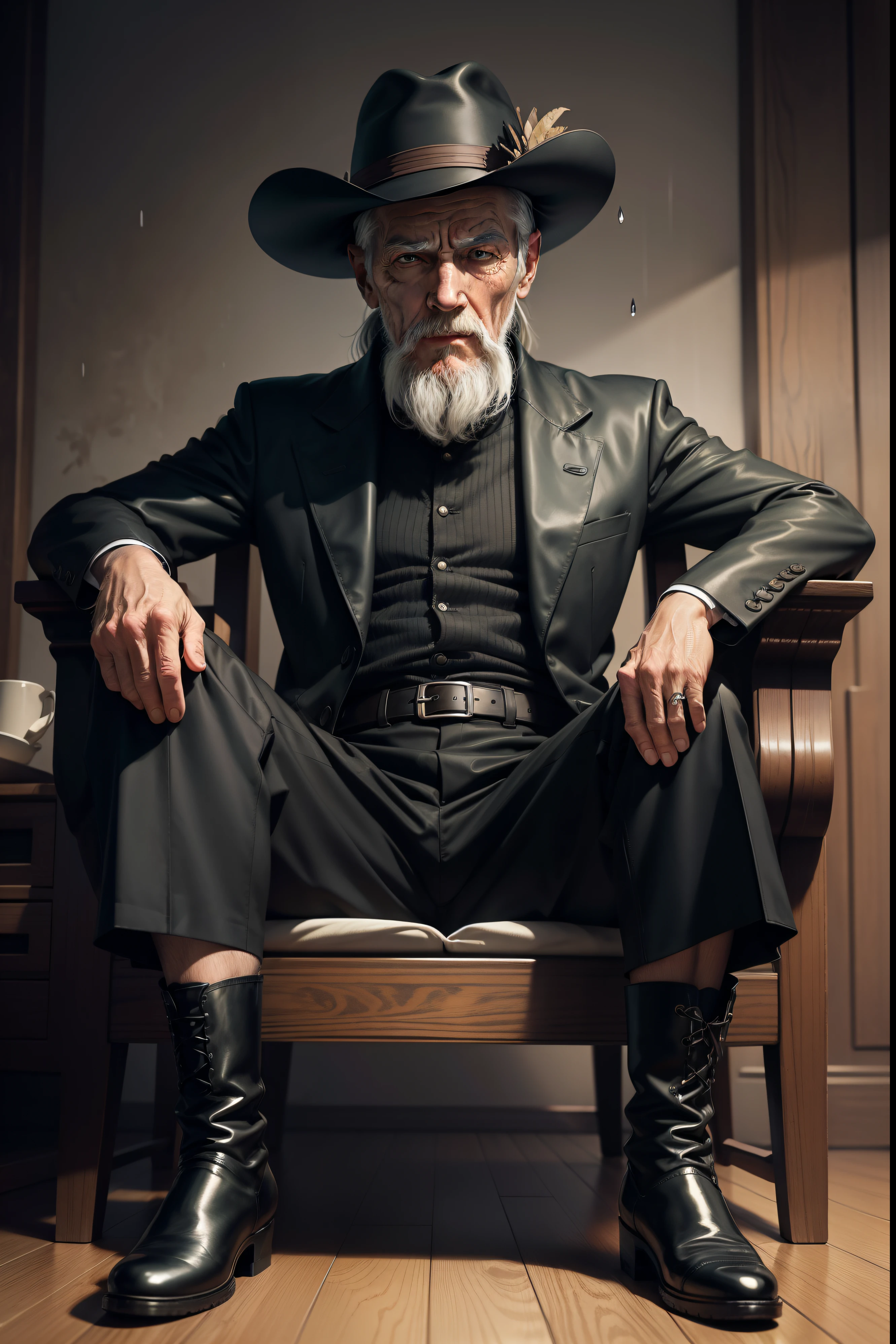 Old gentleman with a goatee,sit on chair,Eyes look at boots,Black high-gloss rain boots, 8K分辨率,Wallpaper masterpiece,Best quality,digitial painting,Highly meticulous,Ultra high quality