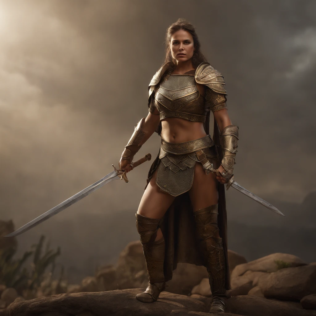 (best quality,4k,8k,highres,masterpiece:1.2),ultra-detailed,(realistic,photorealistic,photo-realistic:1.37),illustration,sculpture,medieval art,female warrior,half-naked woman:1.1,warrior:1.1,nude:1.1,open legs,exposed body,gorgeous detailed face and body,strong and confident expression,sharp sword,metallic armor,golden armor:darker color,ancient battlefield background,dramatic lighting,colored with warm tones,high contrast,subtle shadows