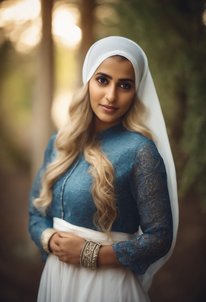 Cute and gorgeous blonde muslim woman wearing burkha with long hair and blue eyes wearing a long white silk dress