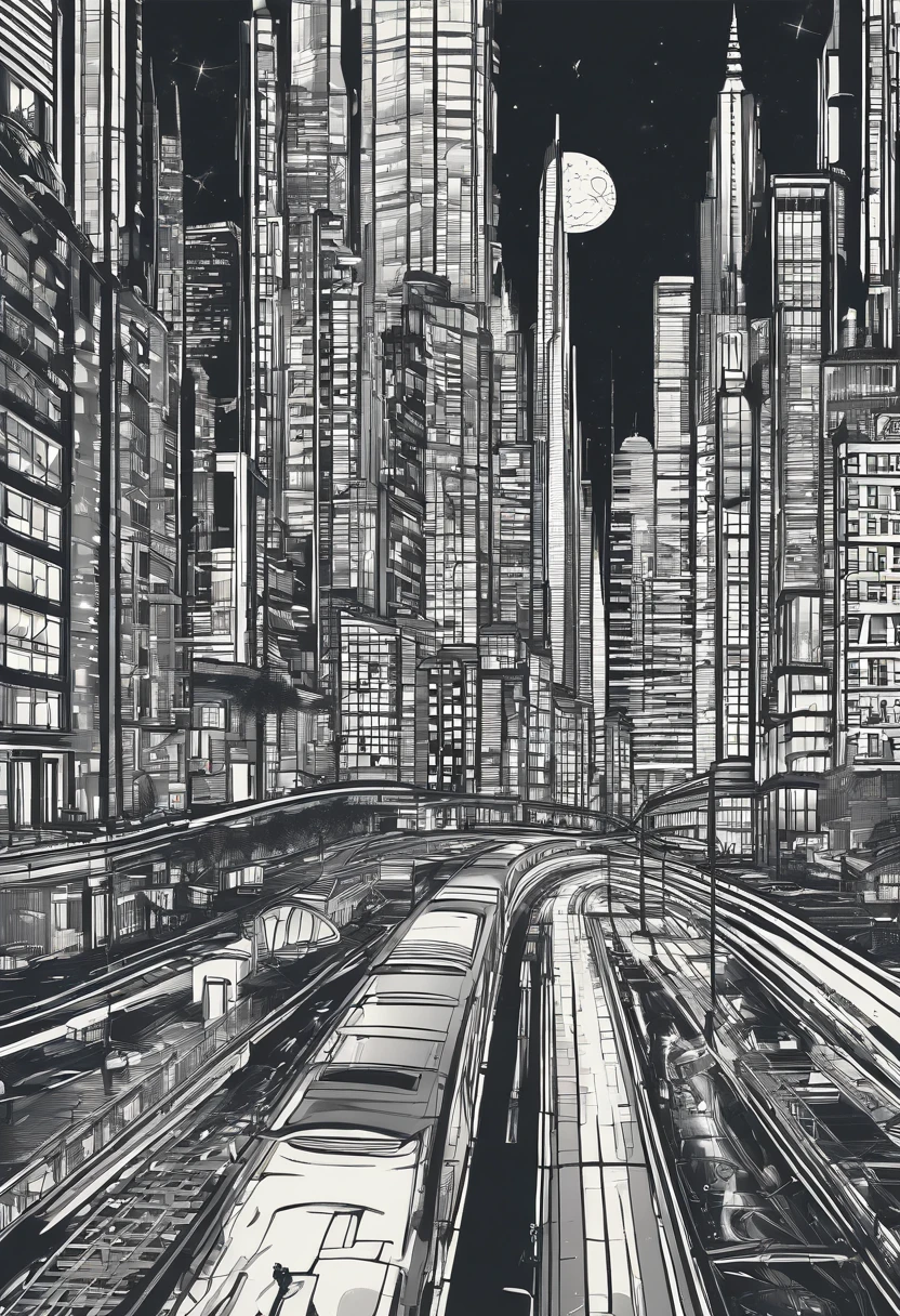 (masterpiece:1.2),(best quality),(high detail),(realistic:1.37)Futurist era city, architectural streets, futuristic train lines, cyberpunk, buildings, night, European city, rainy, neon, illuminated roads, grandiose skyscrapers, gleaming reflections on wet pavement, bustling crowds, intricate network of train tracks, hovering vehicles, glowing holographic signs, cascading waterfalls, vibrant nightlife, towering cathedrals, ornate bridges, stunning architectural details, intricate metalwork, shimmering glass facades, panoramic views of the cityscape, dramatic lighting, cinematic atmosphere.