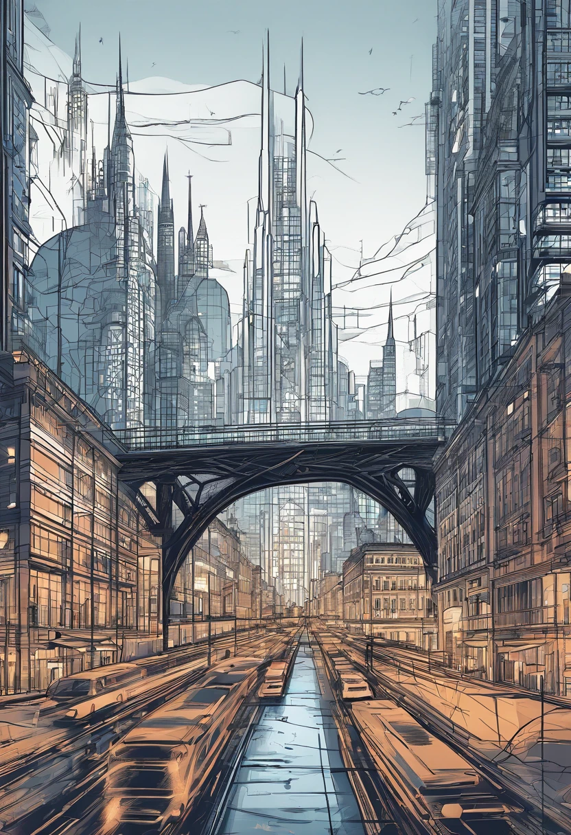 (masterpiece:1.2),(best quality),(high detail),(realistic:1.37)Futurist era city, architectural streets, futuristic train lines, cyberpunk, buildings, night, European city, rainy, neon, illuminated roads, grandiose skyscrapers, gleaming reflections on wet pavement, bustling crowds, intricate network of train tracks, hovering vehicles, glowing holographic signs, cascading waterfalls, vibrant nightlife, towering cathedrals, ornate bridges, stunning architectural details, intricate metalwork, shimmering glass facades, panoramic views of the cityscape, dramatic lighting, cinematic atmosphere.