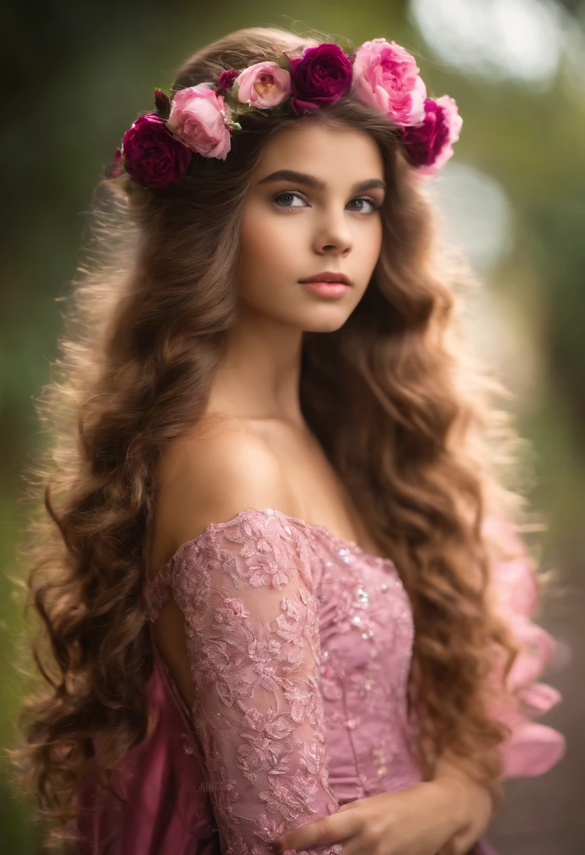 menina de 14 anos vestida de heriona  com cabelo rosa
