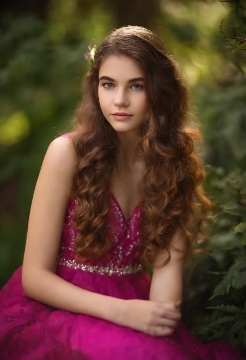 vestida de heriona com cabelo rosa