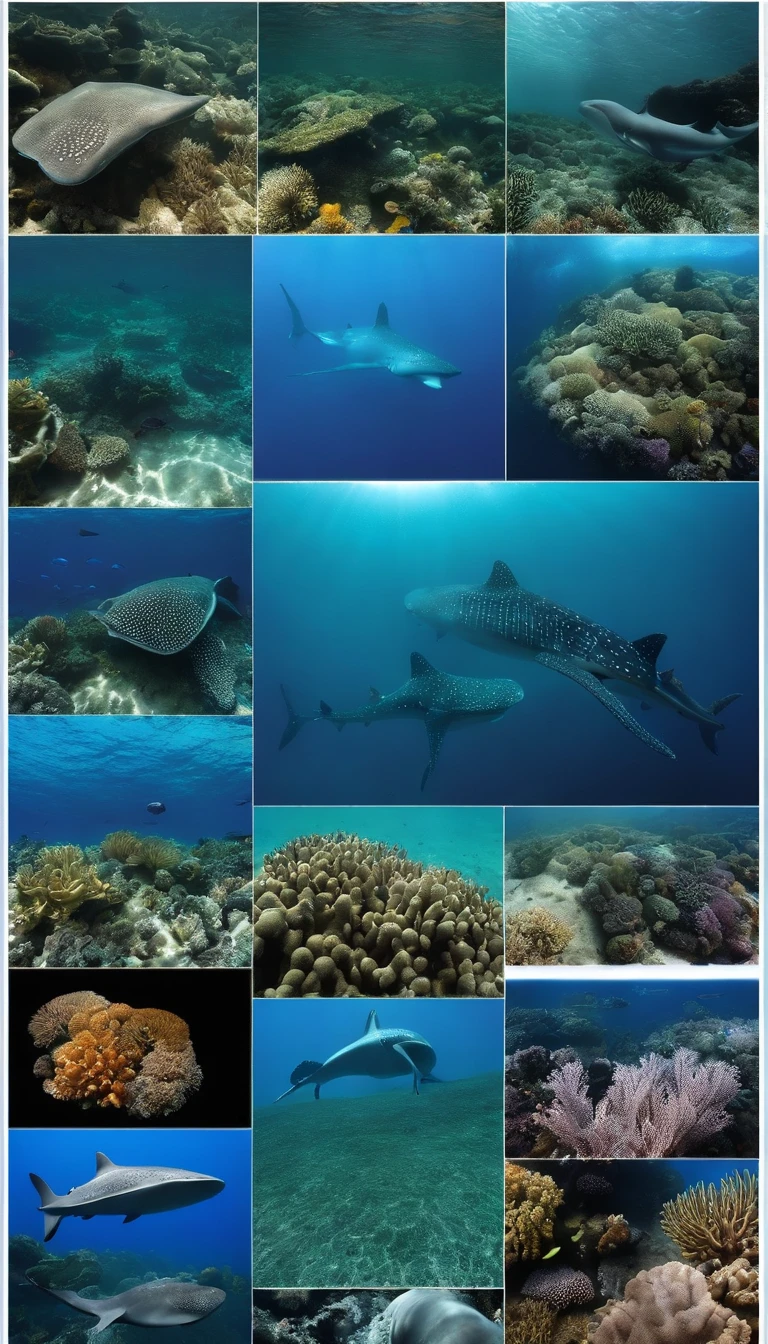 sci-fy, ocean floor,Bio-luminescence,，whale shark、Turtlen、Spotted seals、Rare marine species such as white dolphins，and seagrass, coral, seaweed